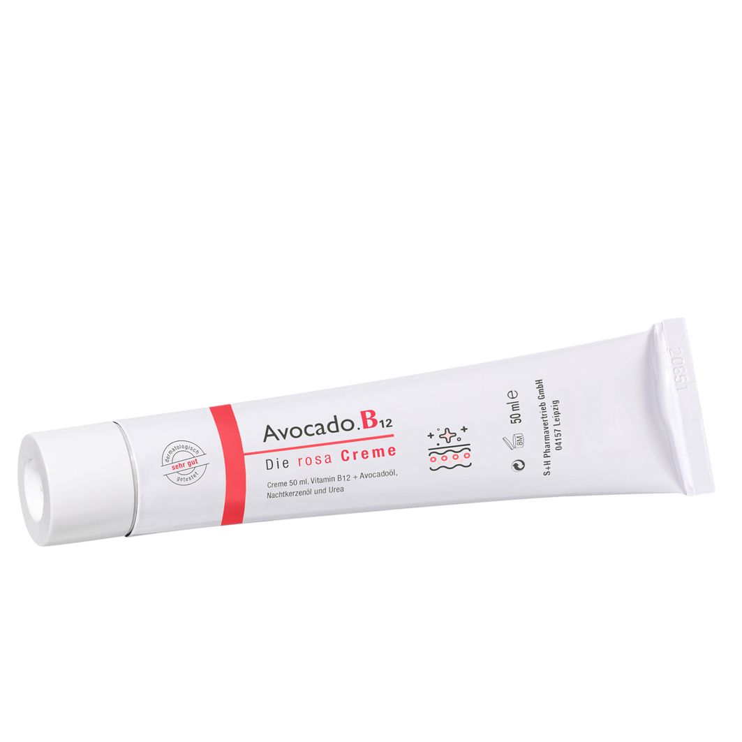 Witte tube met rode tekst. Opschrift: Avocado.B12 Die rosa Creme. Bevat vitamine B12 en avocado-olie. 50 ml.
