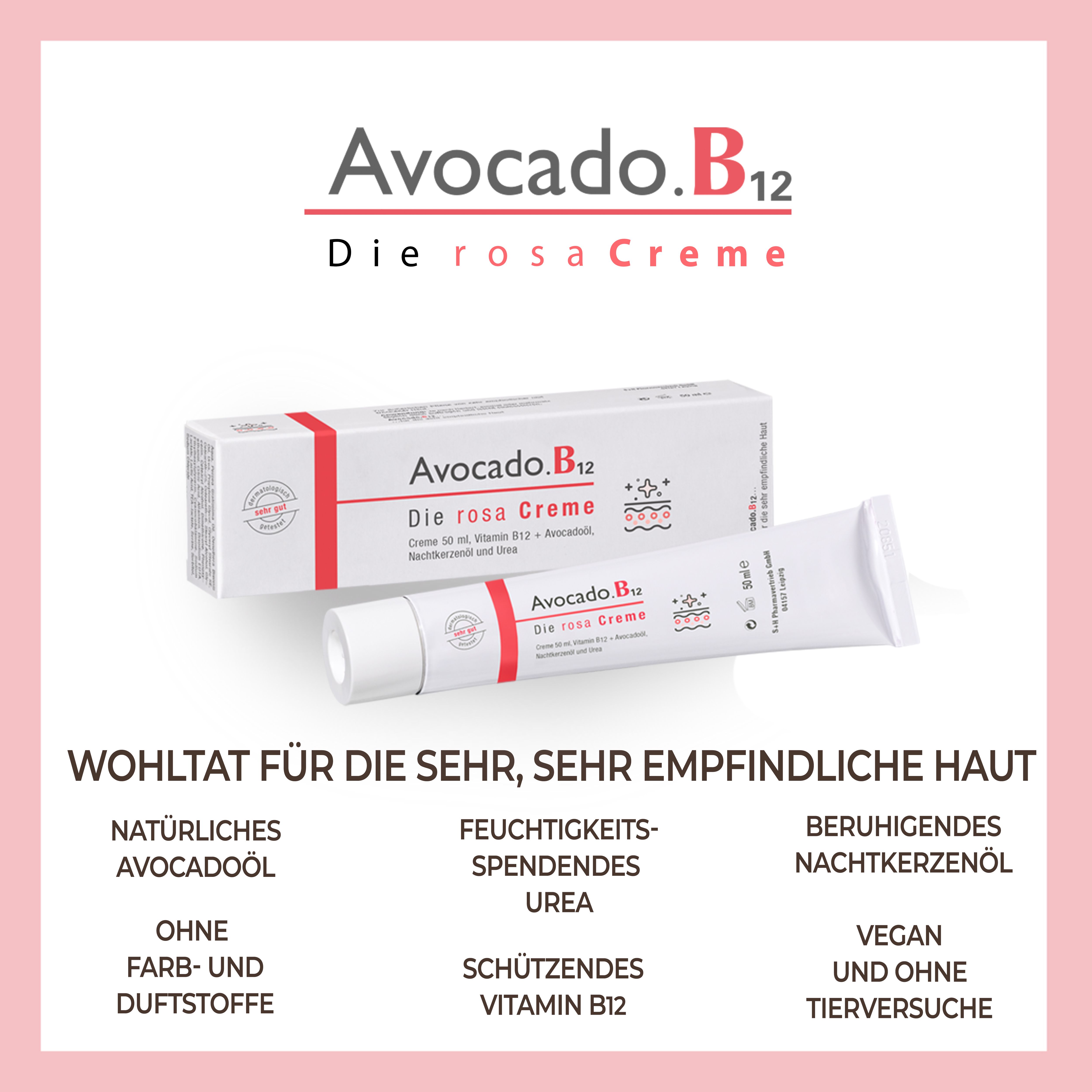 Productafbeelding: Avocado.B12 Die rosa Creme. Tekst: Weldaad voor de zeer gevoelige huid. Ingrediënten: Avocado-olie, ureum, teunisbloemolie, vitamine B12.