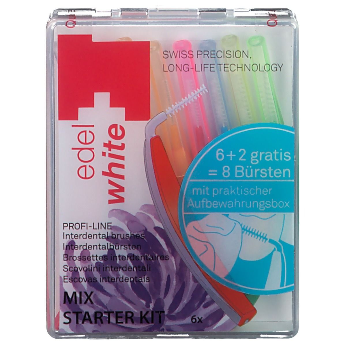 Kit de démarrage de brosses interdentaires. Boîte transparente avec brosses colorées. Texte : edel white, PROFI LINE, MIX, 6+2 gratuites = 8 brosses.