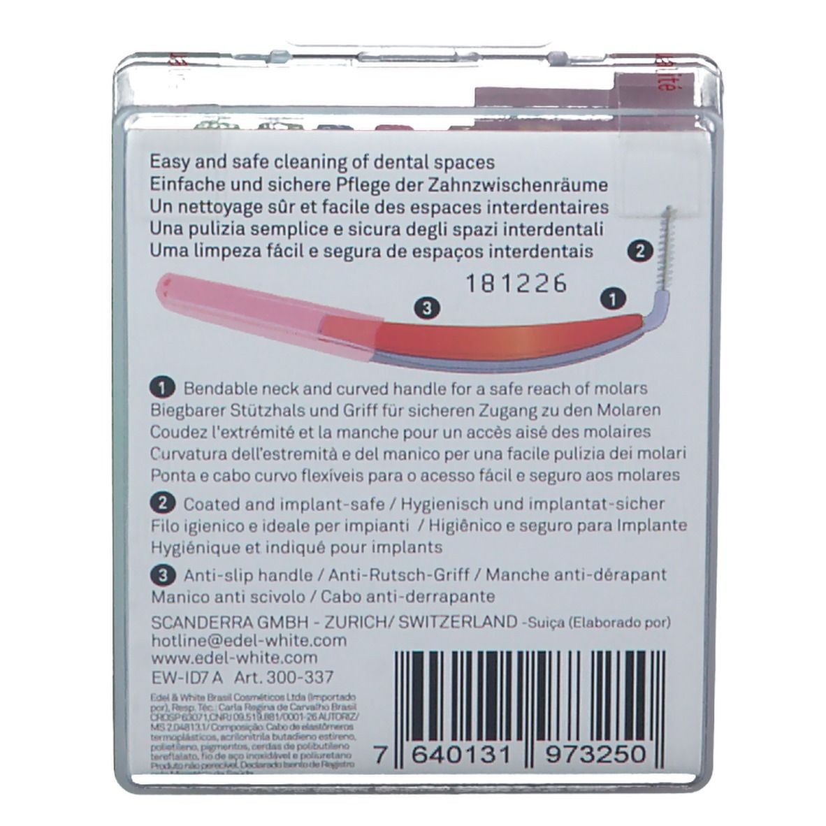 Dos de l'emballage. Texte : Easy and safe cleaning of dental spaces. Illustration : manche courbé, soies, manche antidérapant. Texte : edel-white.com.