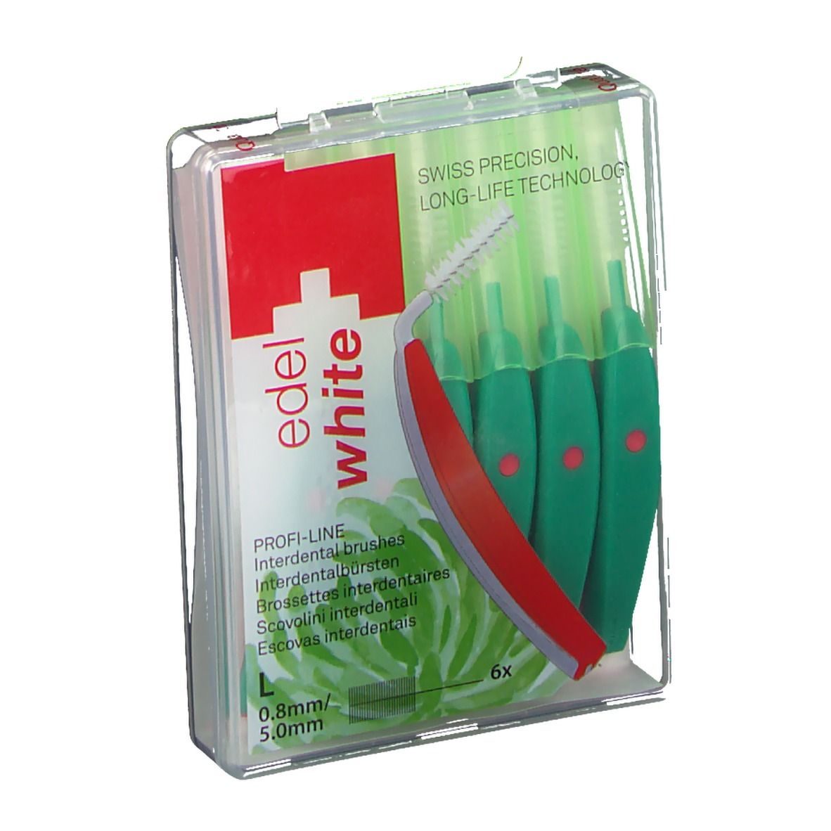 Brosses interdentaires dans étui transparent. Manche rouge, poils verts. 6 pièces. 0,8-5,0 mm.
