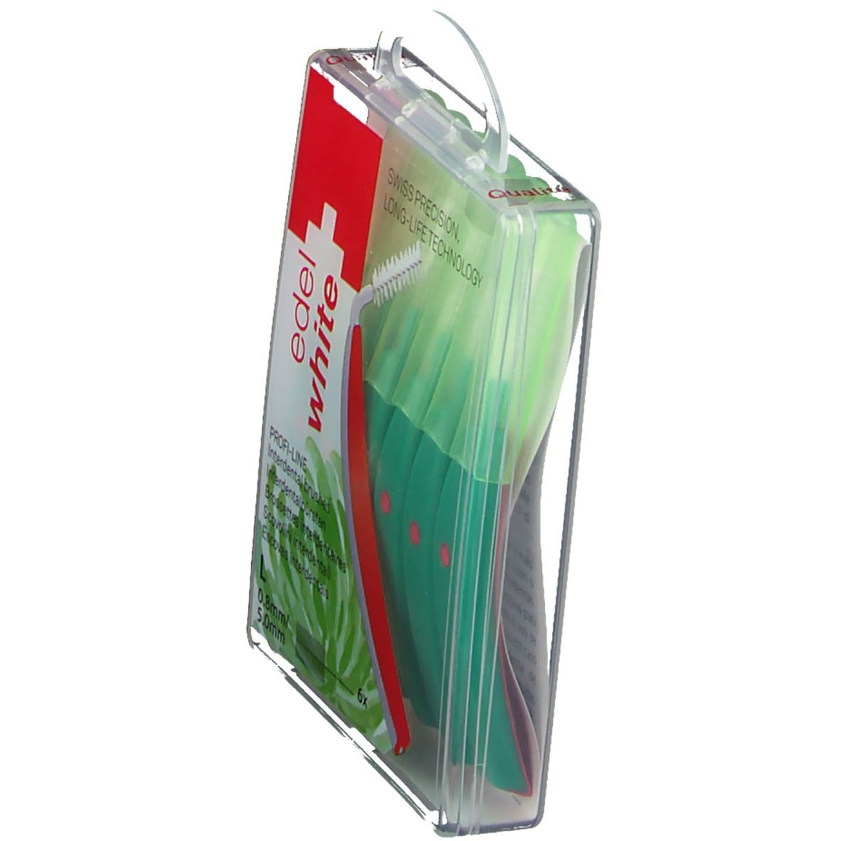 Emballage de brosses interdentaires. Étui transparent, manche rouge, poils verts. Attache.