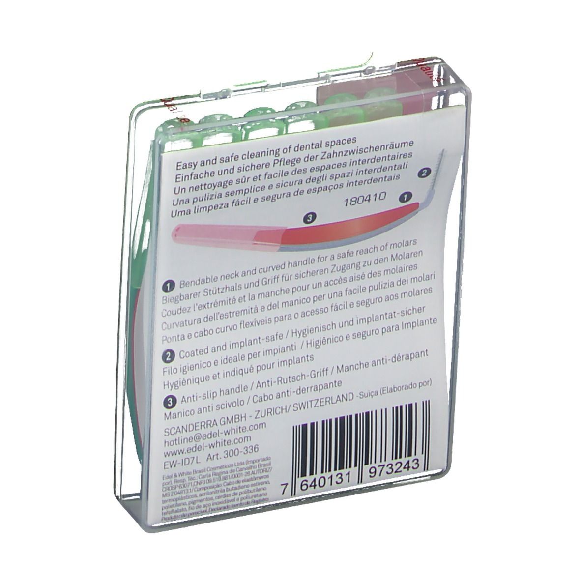 Dos de l'emballage avec informations produit. Texte multilingue. Code-barres.