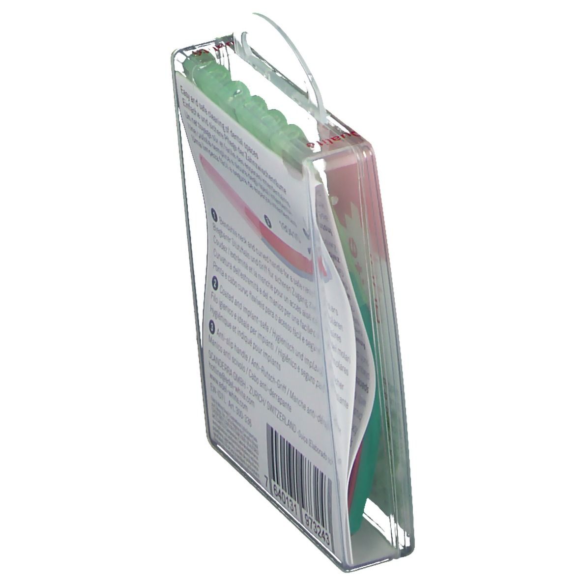 Emballage de brosses interdentaires. Étui transparent, manche rouge, poils verts. Attache.