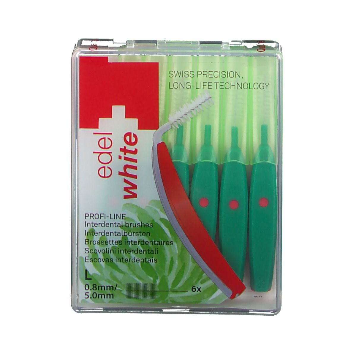 Brosses interdentaires dans étui transparent. Manche rouge, poils verts. 6 pièces. 0,8-5,0 mm.