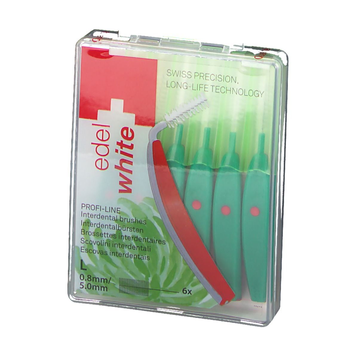 Brosses interdentaires dans étui transparent. Manche rouge, poils verts. 6 pièces. 0,8-5,0 mm.