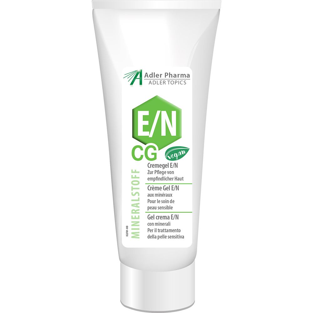 Witte crème-gel E/N in tube. Groen-wit etiket met productnaam, logo en tekst. Vegan-zegel.