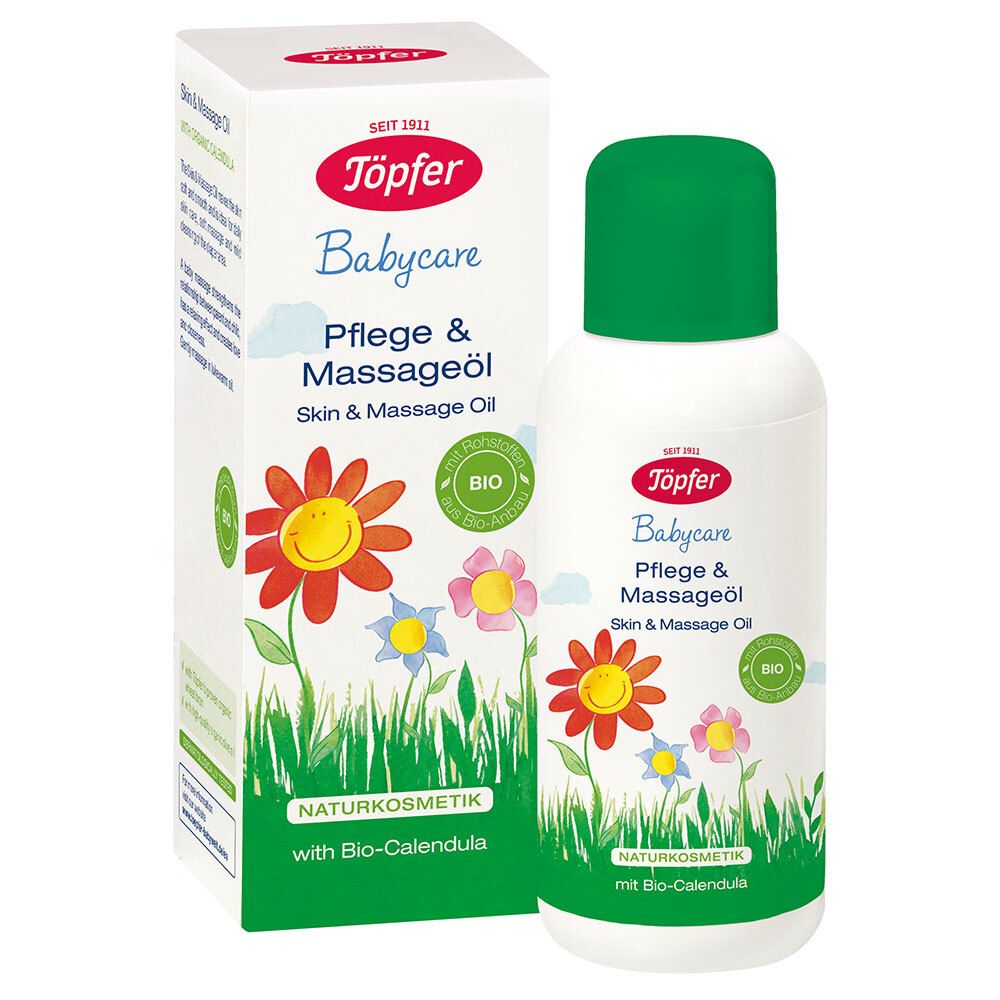 Flacon et emballage Babycare Pflegeöl. Vert et blanc, motif floral. Label bio.