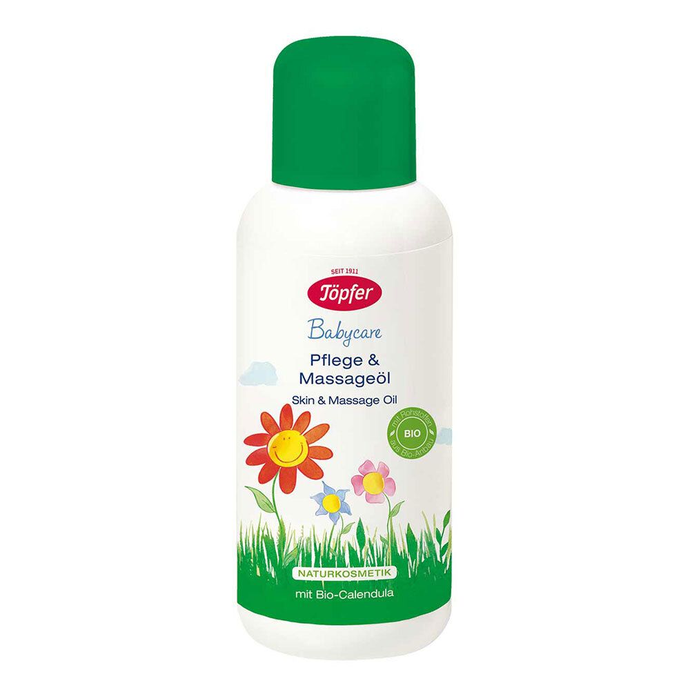 Flacon Babycare Pflegeöl. Blanc, bouchon vert. Motif floral. Label bio.