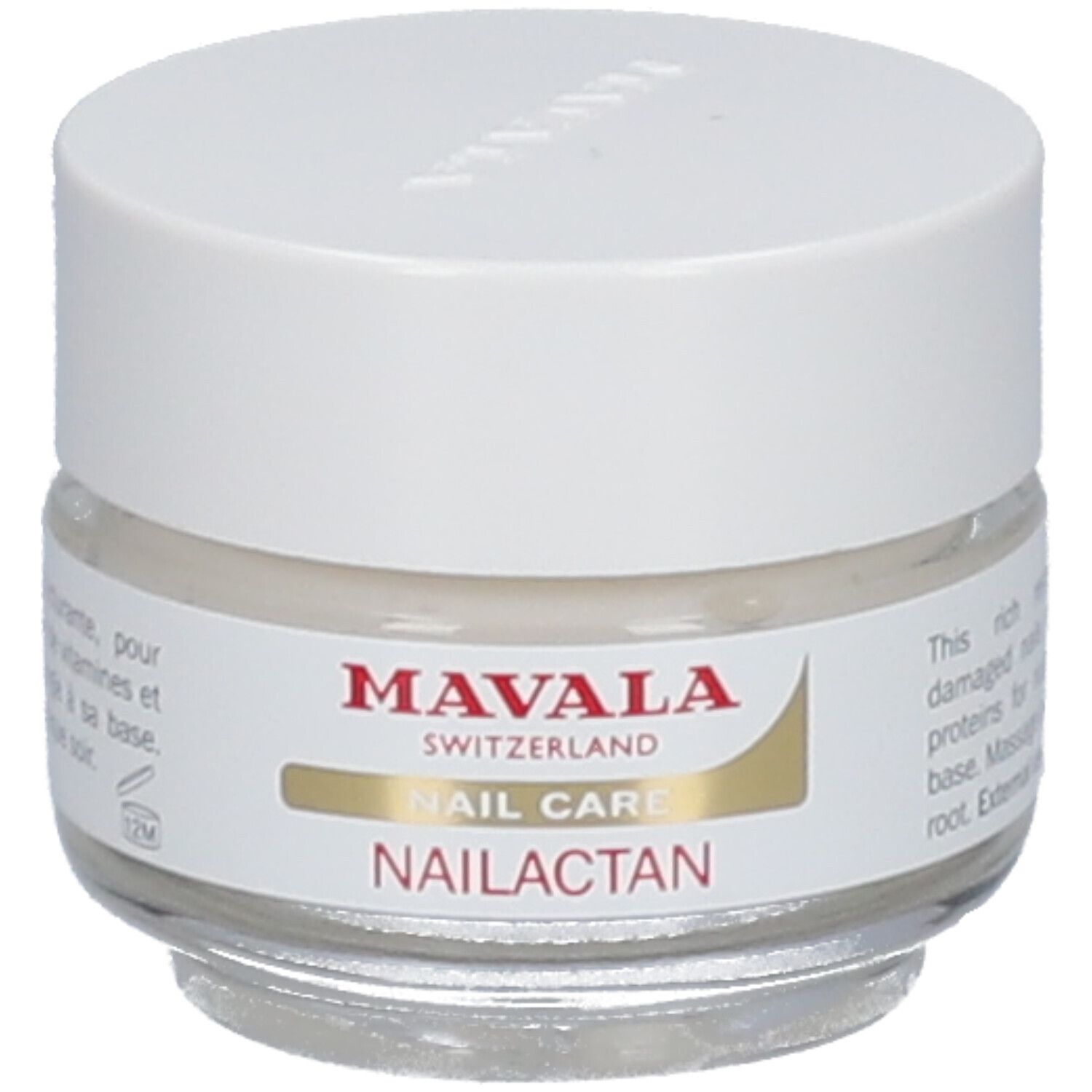 Crème en pot de verre avec couvercle blanc. L'étiquette indique "MAVALA SWITZERLAND NAIL CARE NAILACTAN".