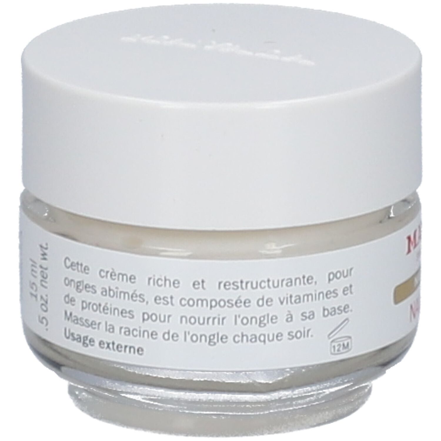 Pot en verre avec couvercle blanc. Texte en français sur l'étiquette. 15 ml. Symbole 12M.