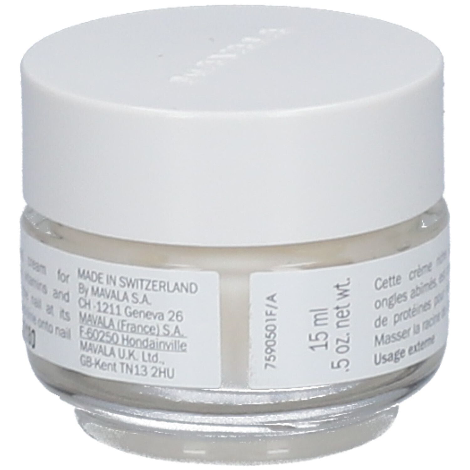 Pot en verre avec couvercle blanc. Texte en anglais sur l'étiquette. 15 ml. Fabriqué en Suisse.