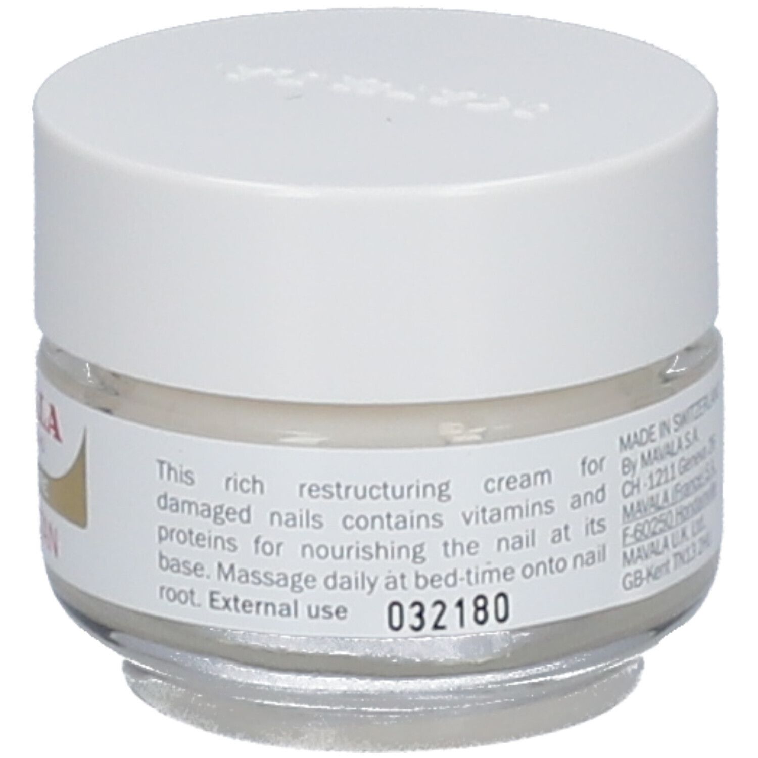 Pot en verre avec couvercle blanc. Texte en anglais sur l'étiquette. 032180.