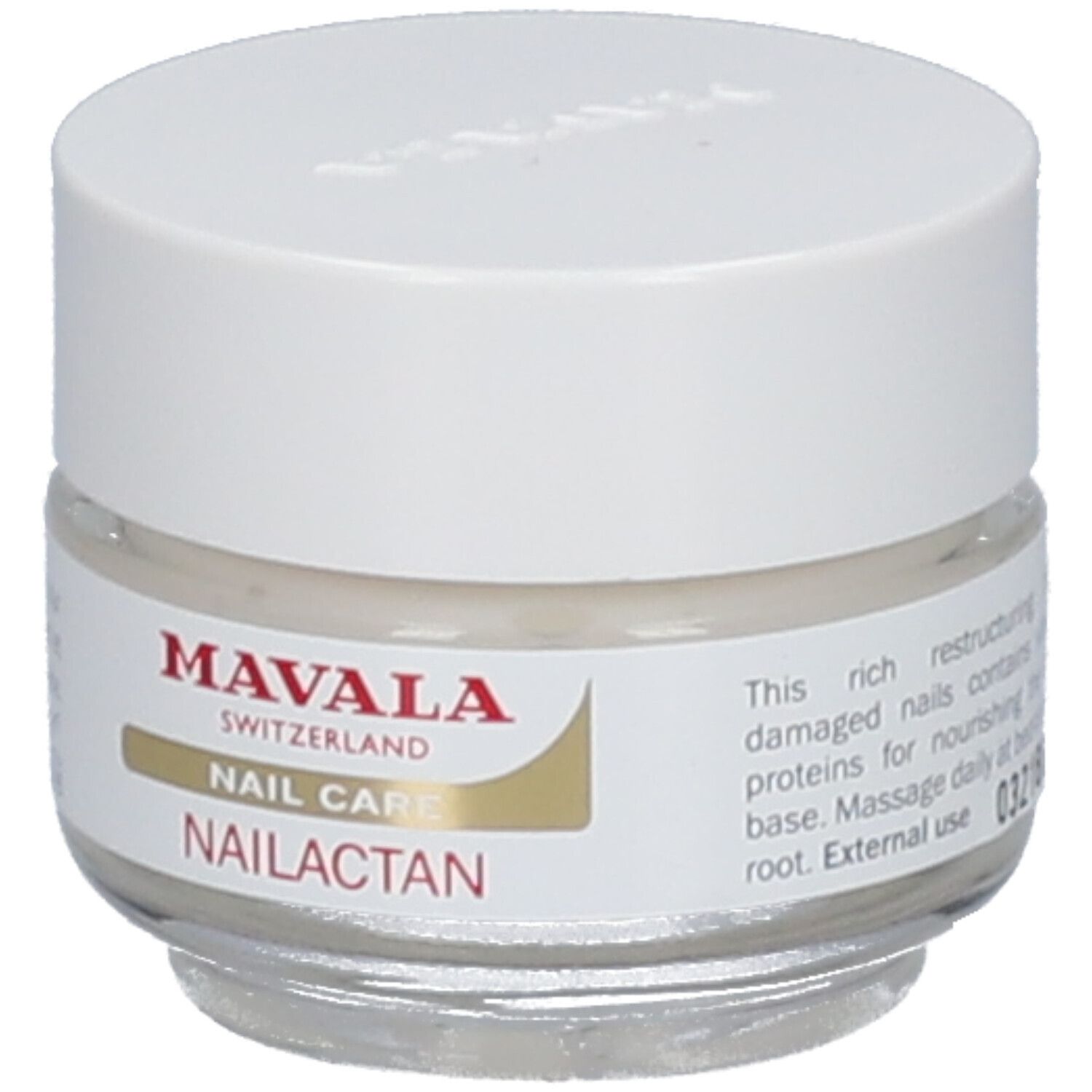 Pot en verre avec couvercle blanc. L'étiquette indique "MAVALA SWITZERLAND NAIL CARE NAILACTAN".