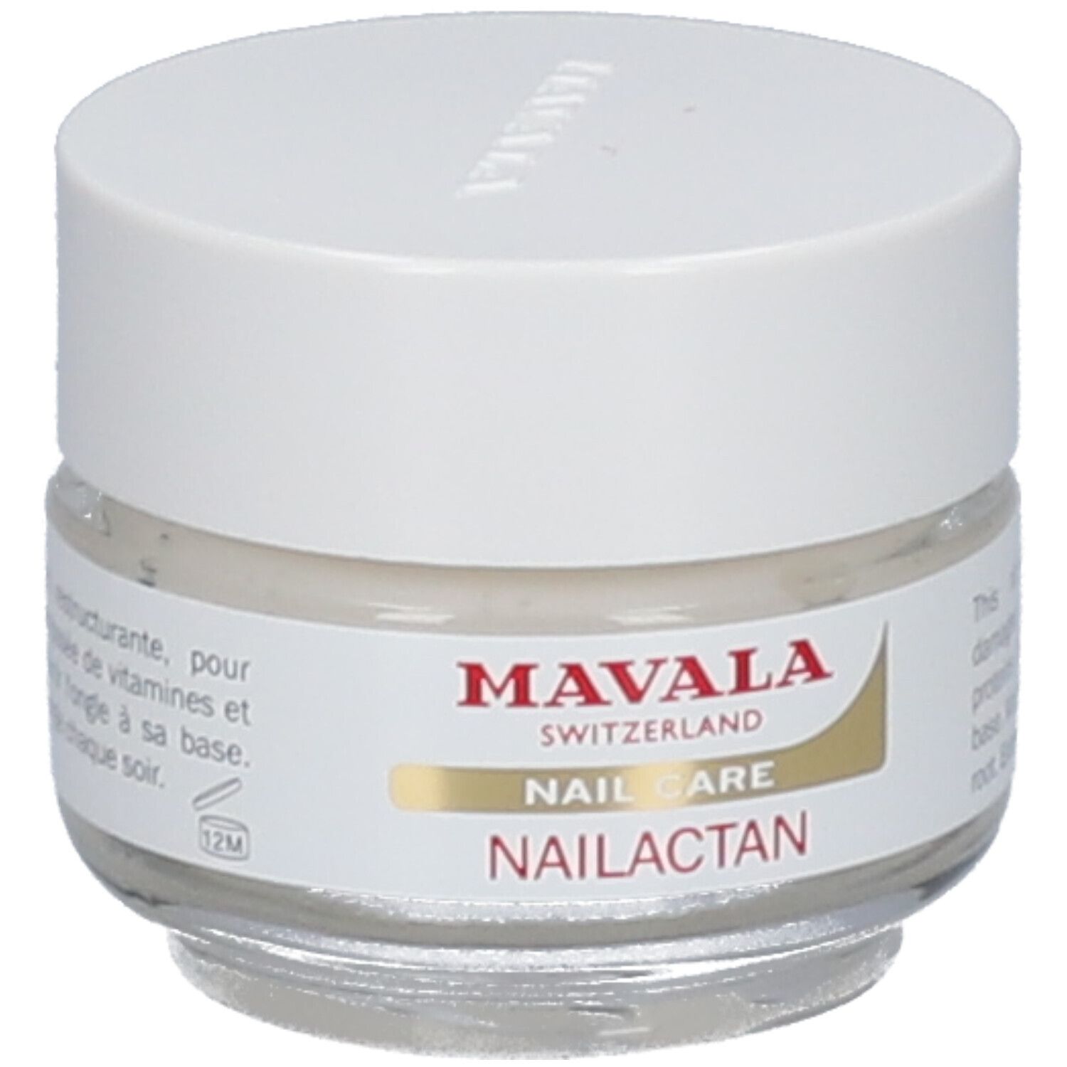 Pot en verre avec couvercle blanc. Texte en français sur l'étiquette. Symbole 12M.