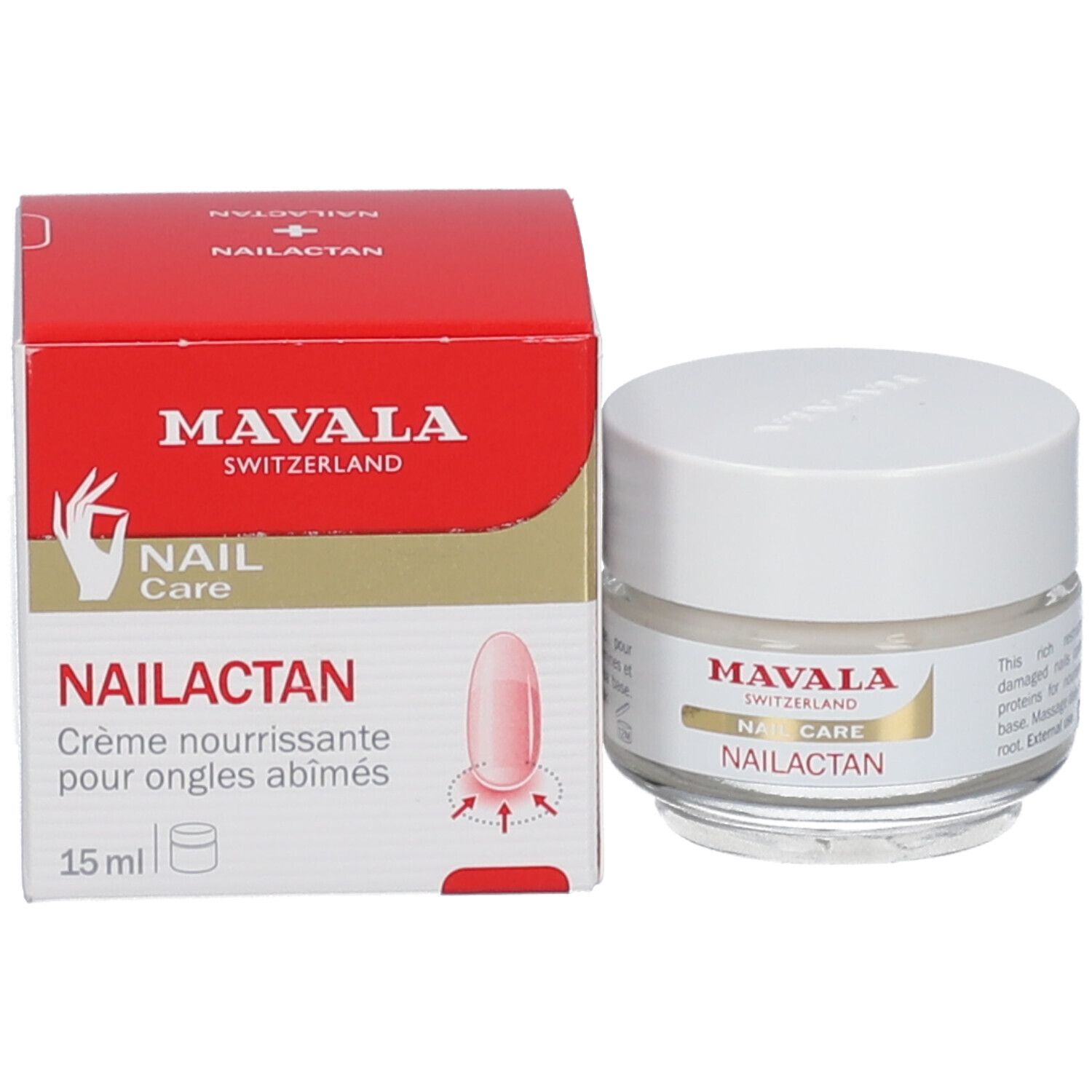 Emballage du produit et pot en verre avec couvercle blanc. L'emballage indique "MAVALA NAIL CARE NAILACTAN".