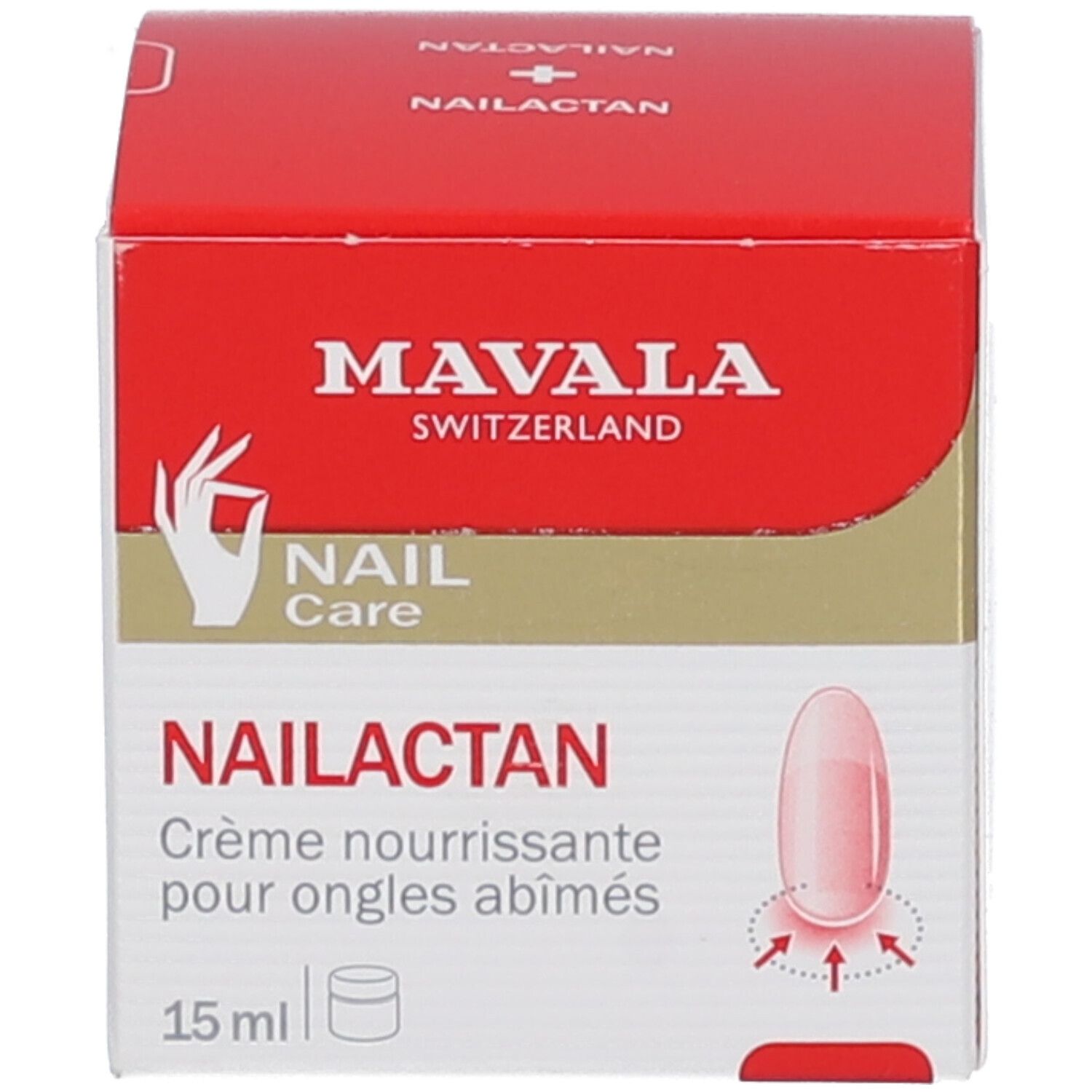 Emballage du produit. L'emballage indique "MAVALA NAIL CARE NAILACTAN". 15 ml.
