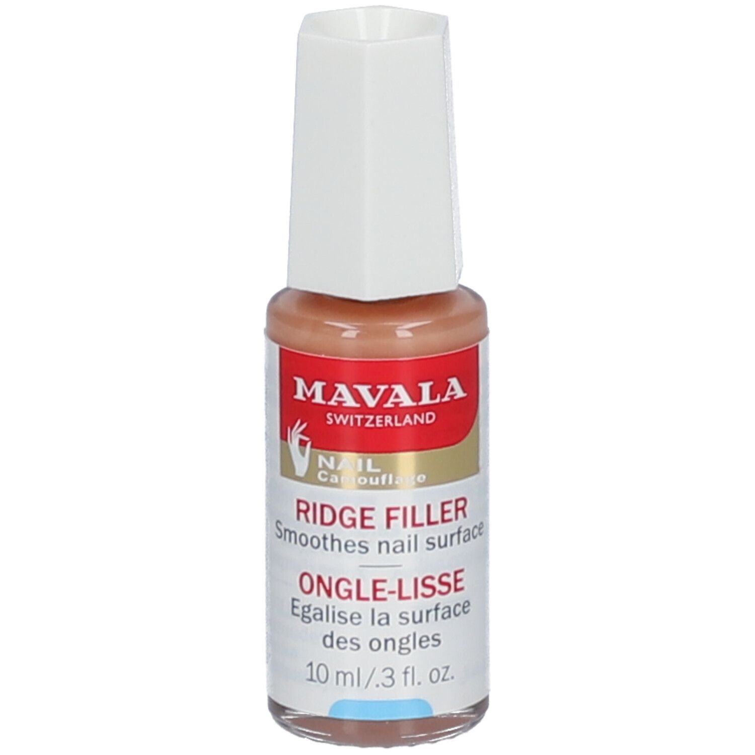 Flesje nagelgladder MAVALA. Beige vloeistof, witte dop. Opschrift: Ridge Filler, Ongle-Lisse, 10 ml.