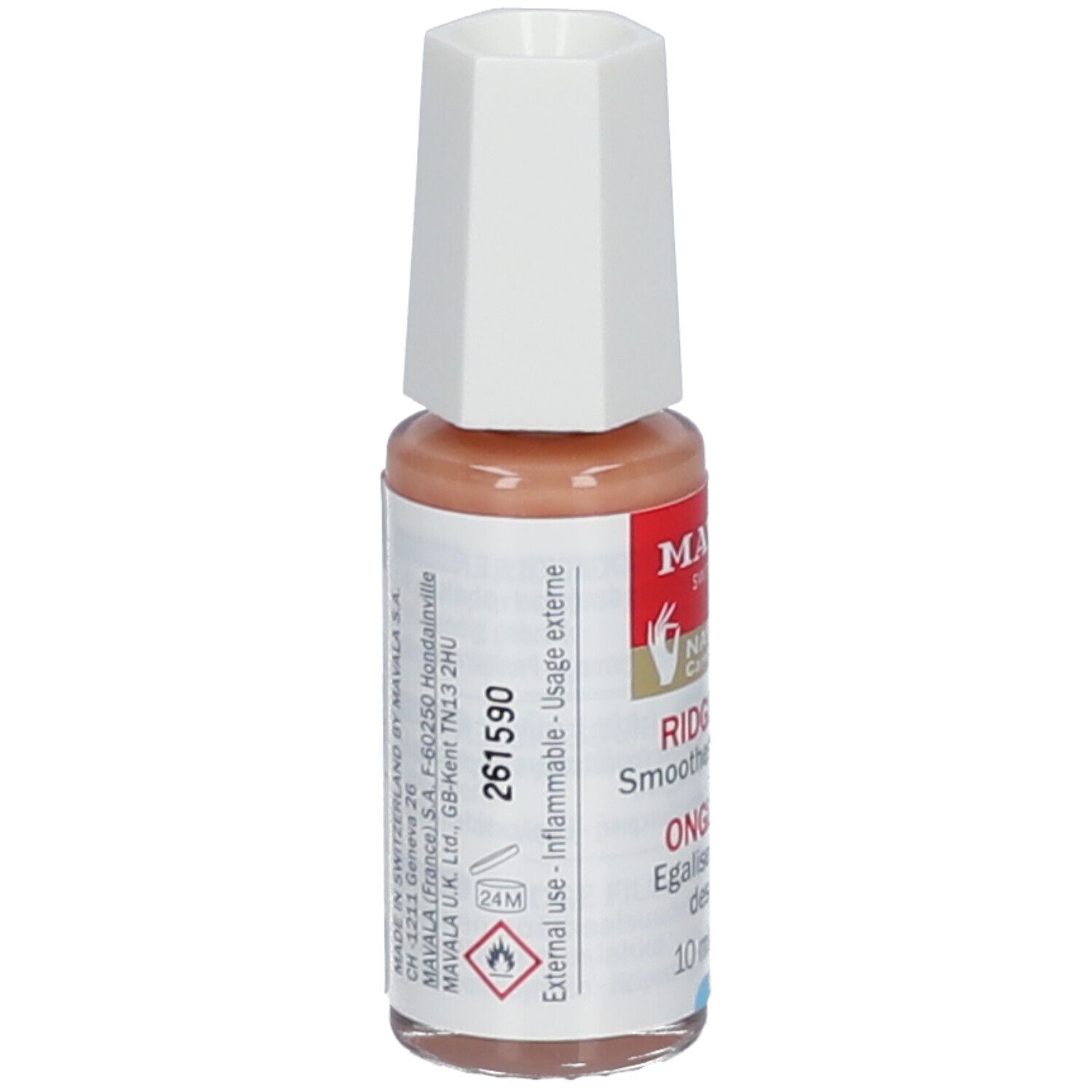 Flesje nagelgladder MAVALA. Beige vloeistof, witte dop. Opschrift: Ridge Filler, Ongle-Lisse, 10 ml.