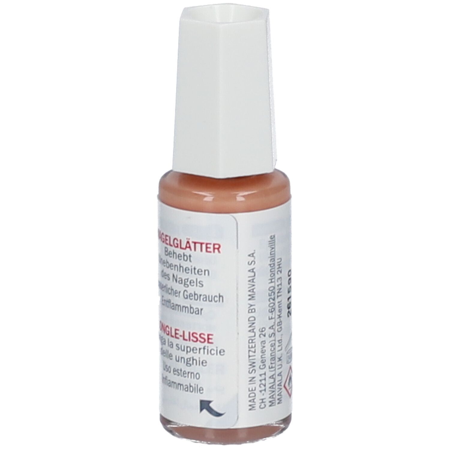 Flesje nagelgladder MAVALA. Beige vloeistof, witte dop. Opschrift: Nagelglätter, Ongle-Lisse.