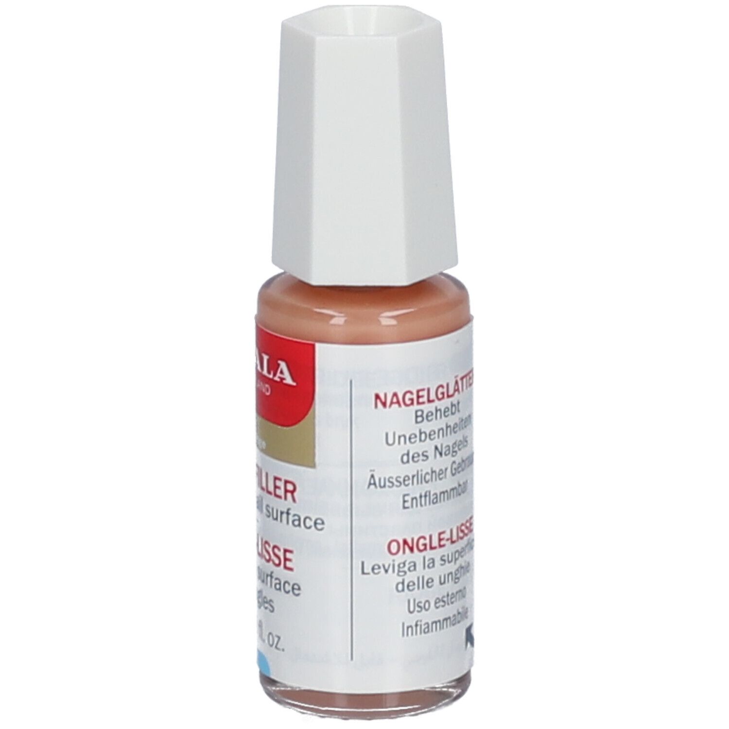 Flesje nagelgladder MAVALA. Beige vloeistof, witte dop. Opschrift: Ridge Filler, Ongle-Lisse, 10 ml.