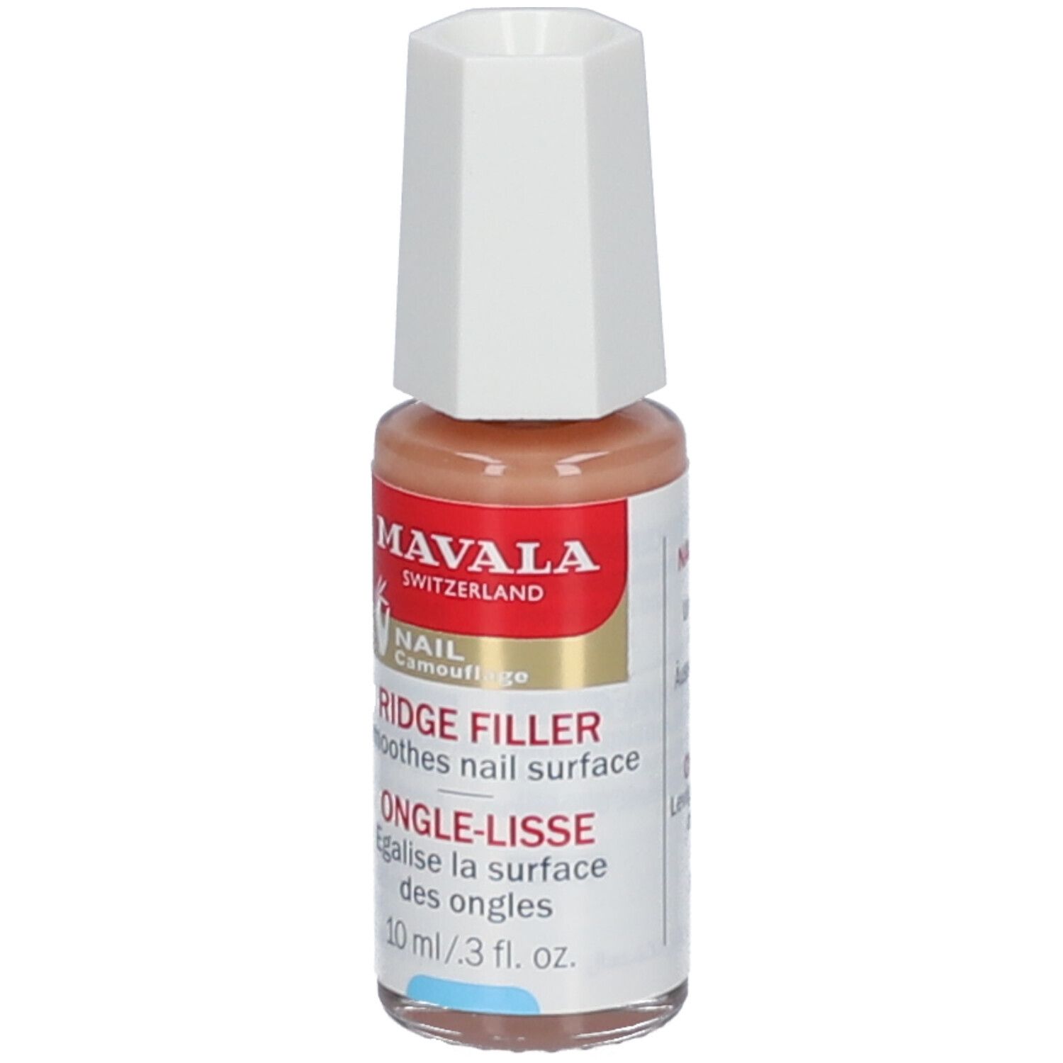 Flesje nagelgladder MAVALA. Beige vloeistof, witte dop. Opschrift: Ridge Filler, Ongle-Lisse, 10 ml.