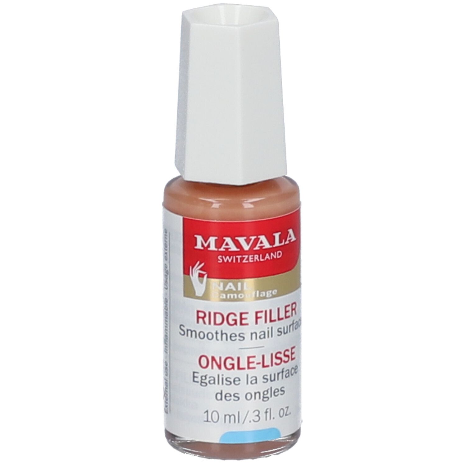 Flesje nagelgladder MAVALA. Beige vloeistof, witte dop. Opschrift: Ridge Filler, Ongle-Lisse, 10 ml.