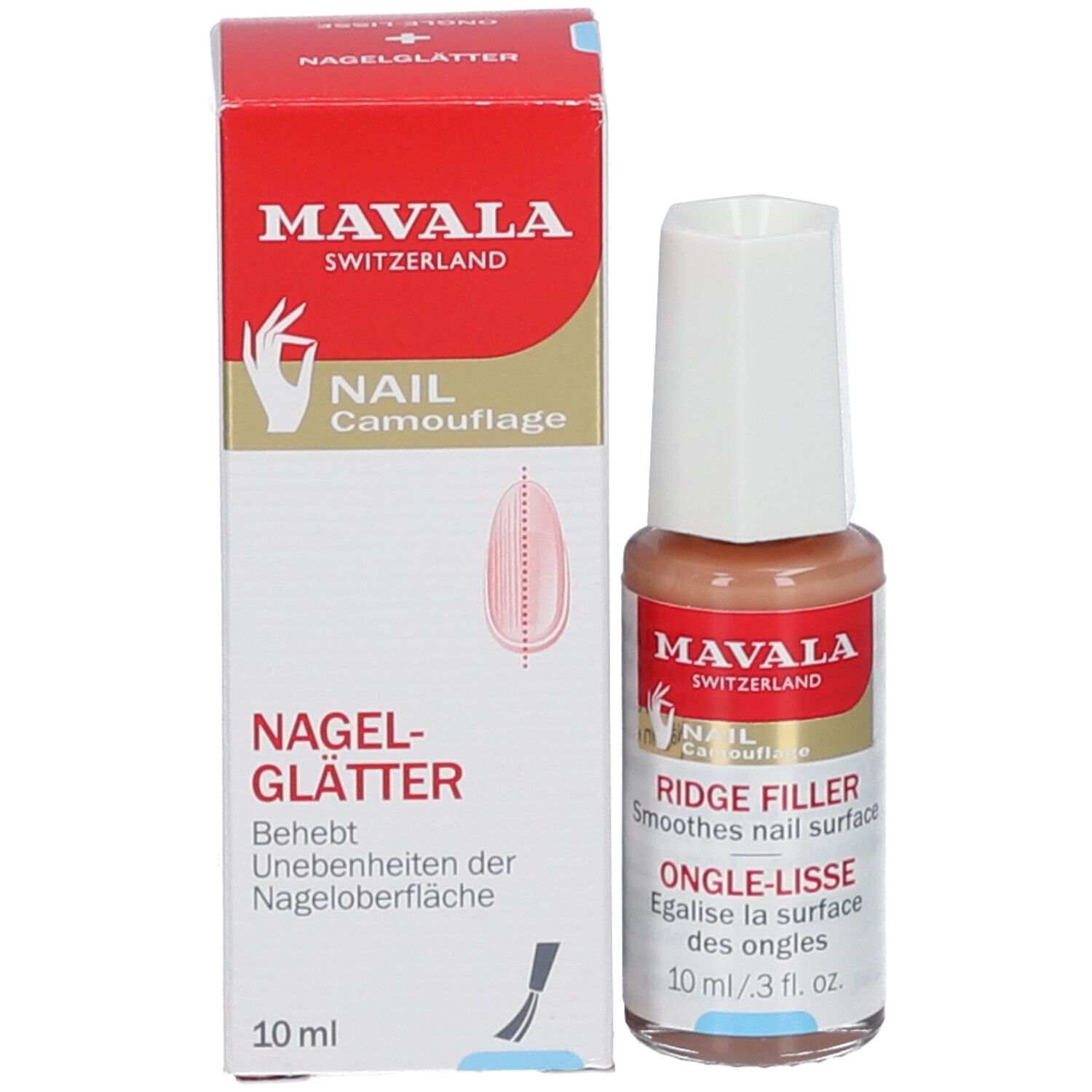Flesje en verpakking nagelgladder. MAVALA. Opschrift: Ongle-Lisse, 10 ml. Beige vloeistof.