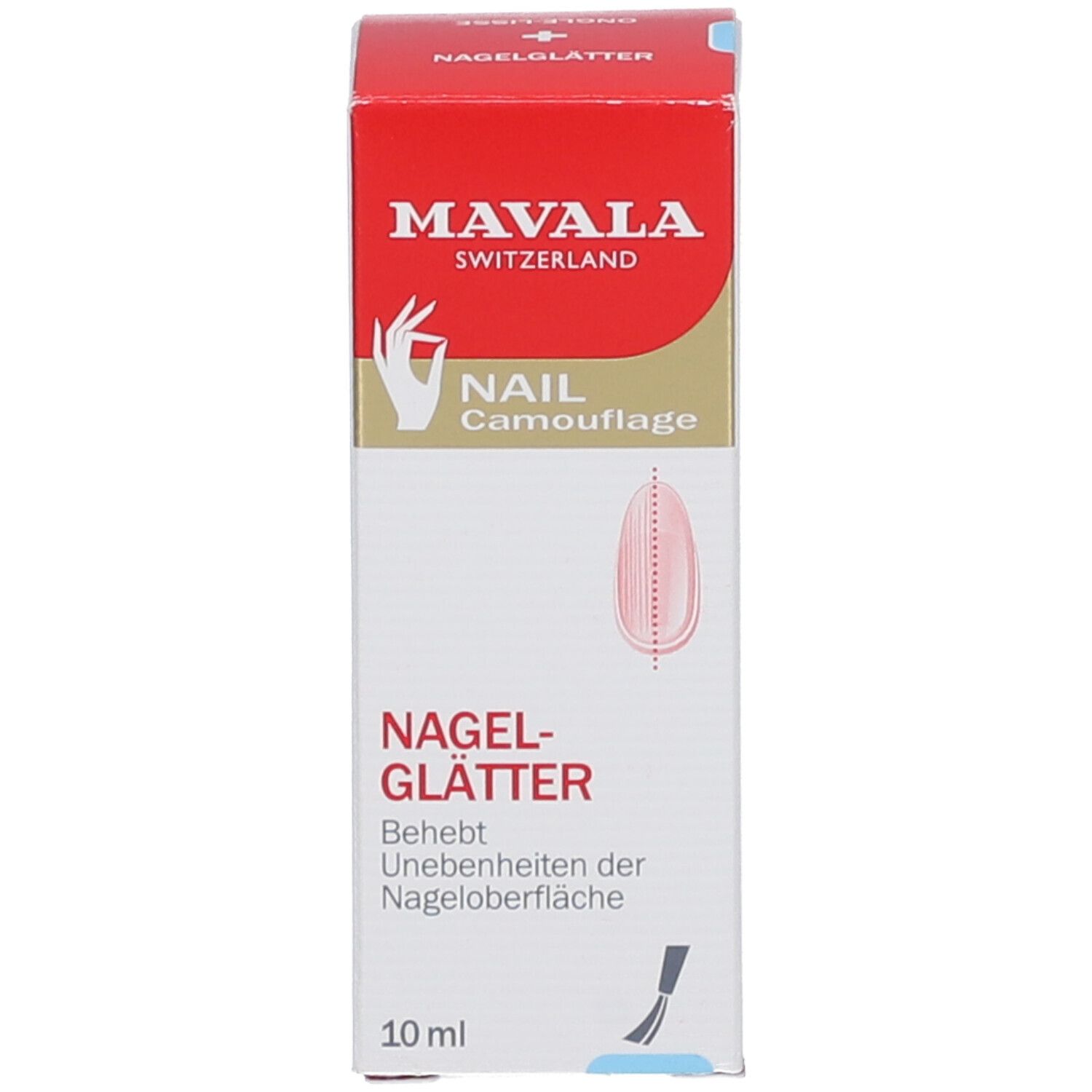 Verpakking nagelgladder. MAVALA. Opschrift: Nagelglätter, 10 ml. Beige.