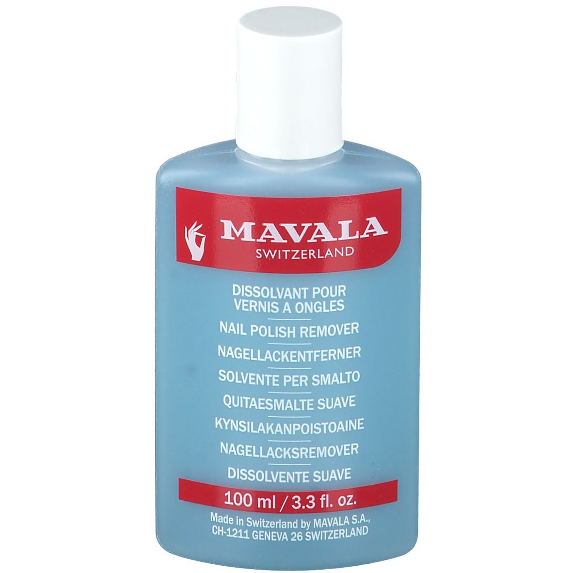 Flesje nagellakverwijderaar, blauwe vloeistof, rood etiket met wit logo en tekst. "MAVALA" en "Nail Polish Remover" zichtbaar.