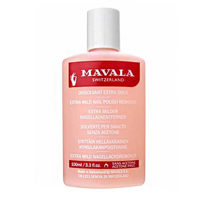 Roze fles met witte dop. Opschrift: MAVALA, extra milde nagellakverwijderaar. 100ml, zonder aceton.