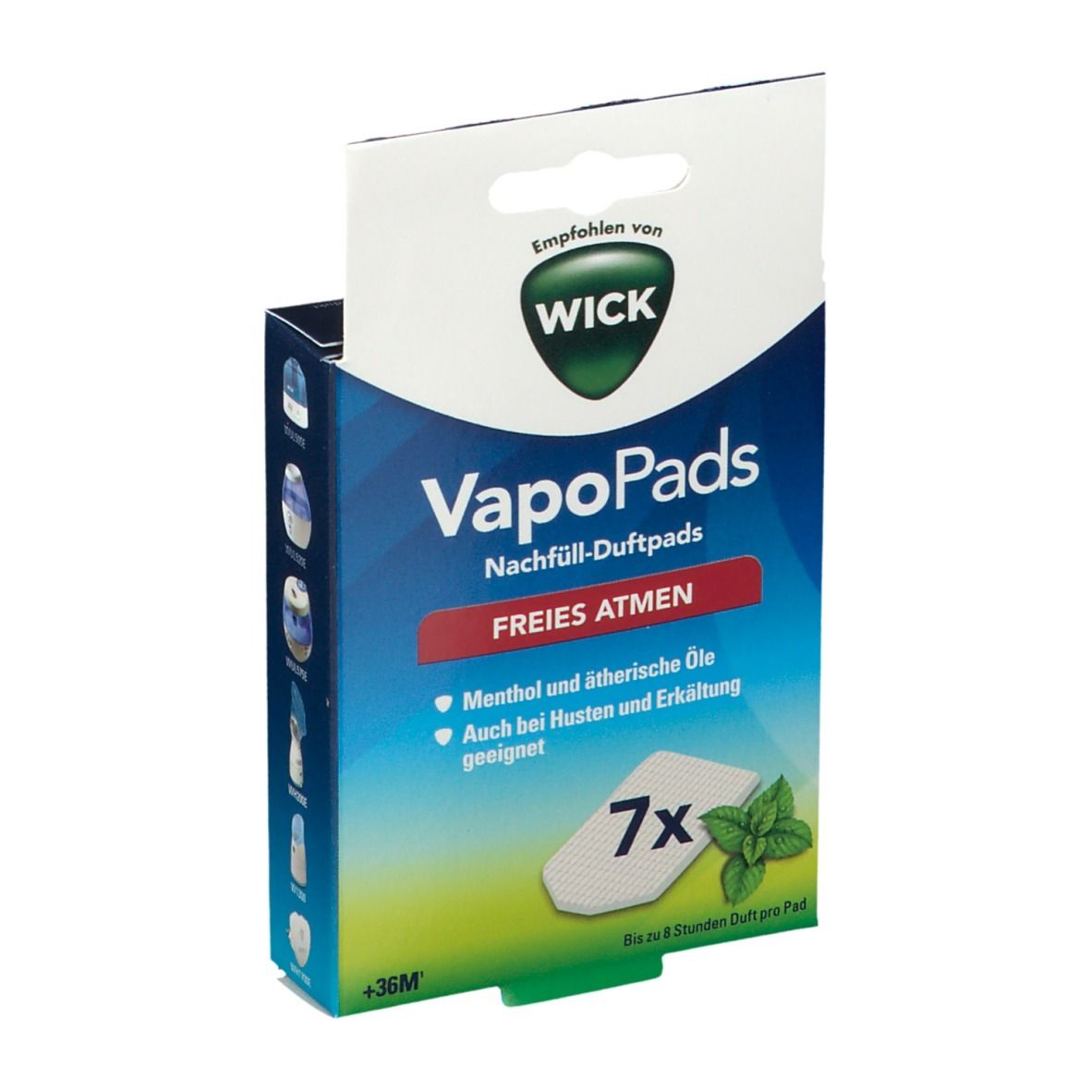 Boîte de VapoPads WICK. Contient 7 recharges. Inscription : Respiration facile. Avec menthol et huiles essentielles.
