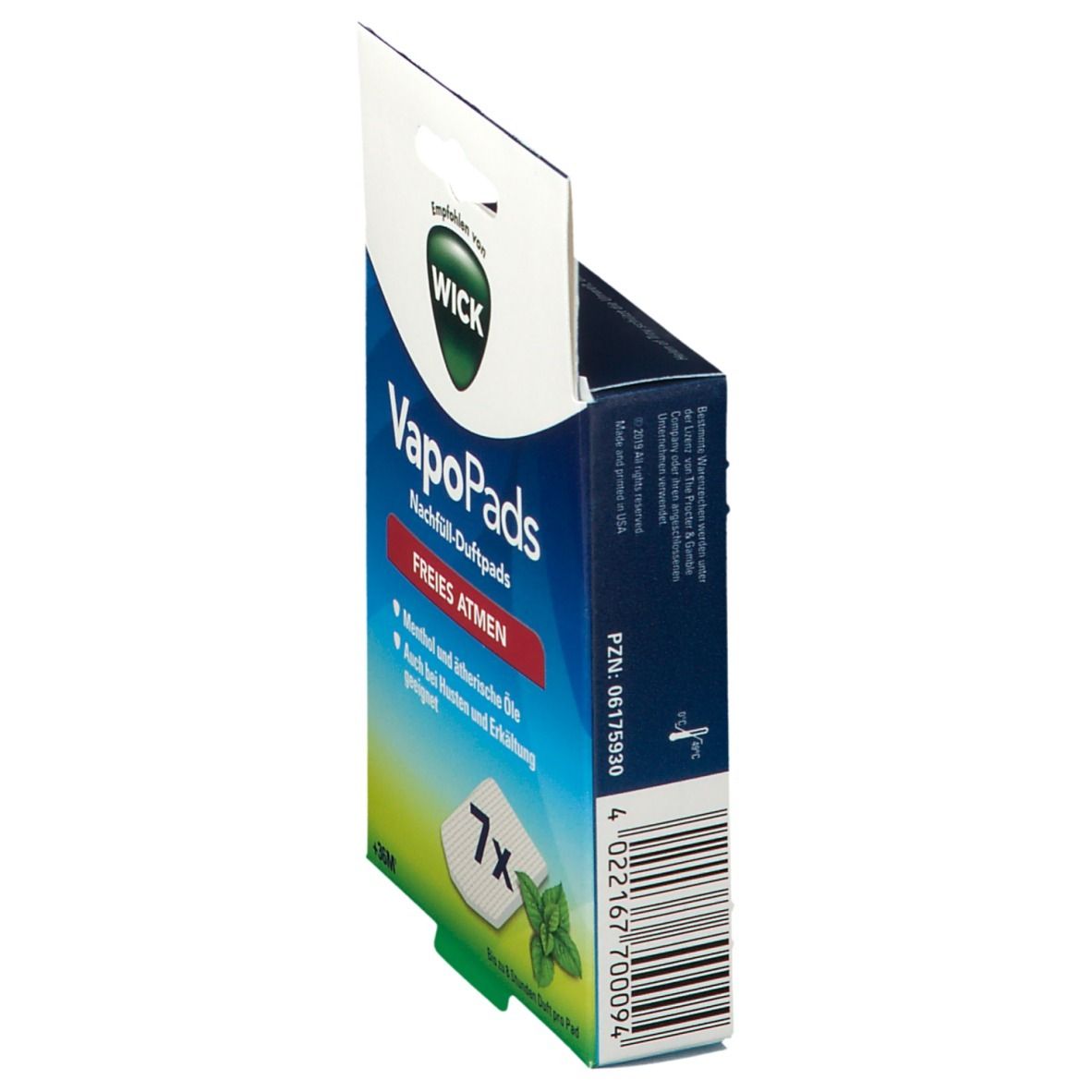 Emballage de VapoPads WICK. Contient 7 recharges. Sur le côté : numéro PZN et code-barres.