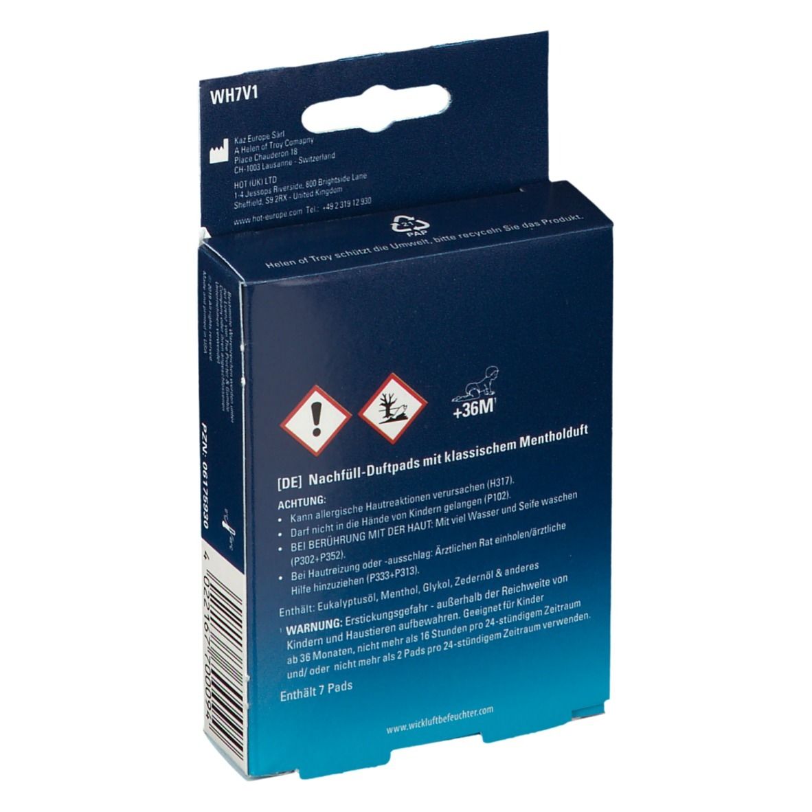 Dos de l'emballage VapoPads WICK. Contient des avertissements et des ingrédients. Contient 7 pads.
