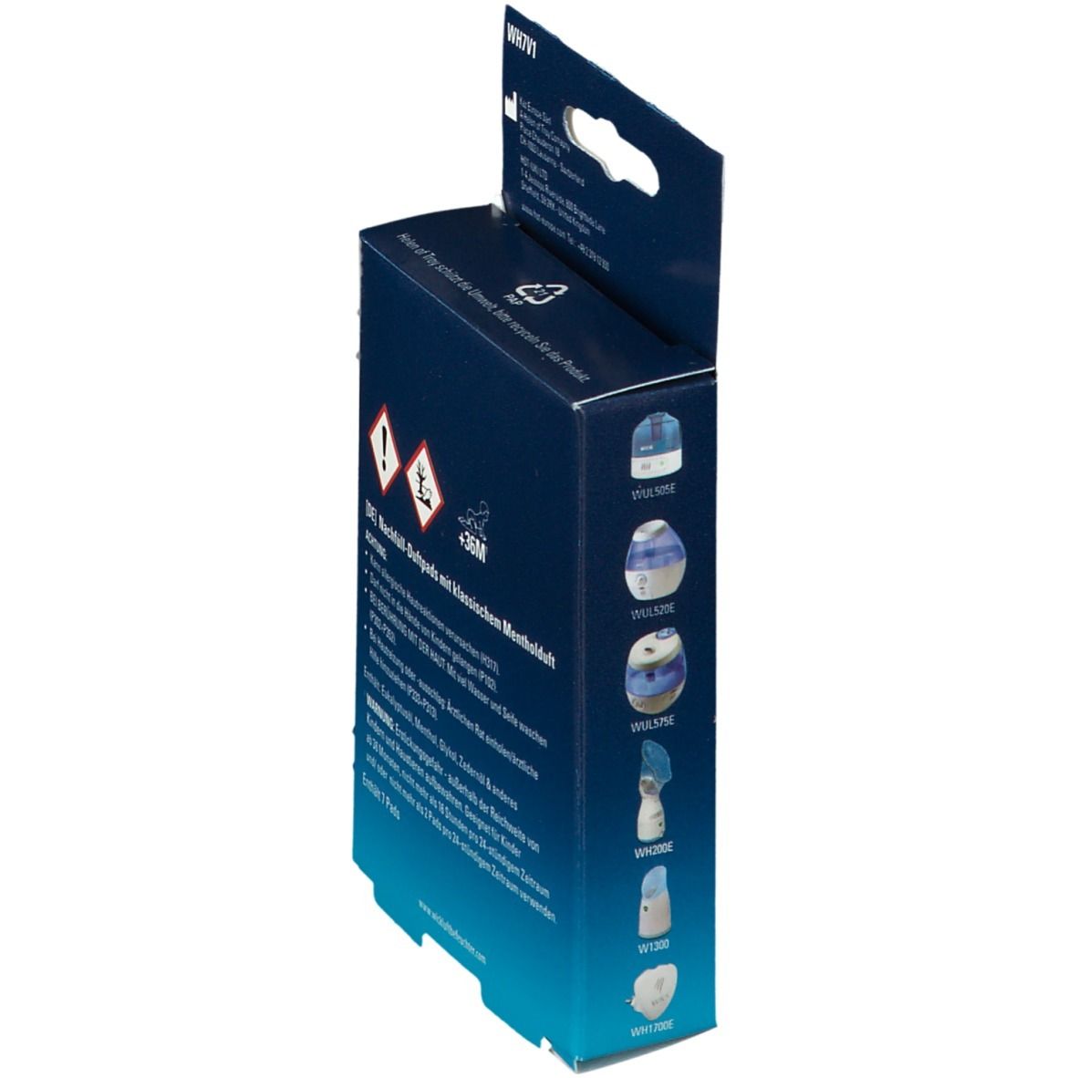 Vue latérale de l'emballage VapoPads WICK. Contient des avertissements et des illustrations de produits.