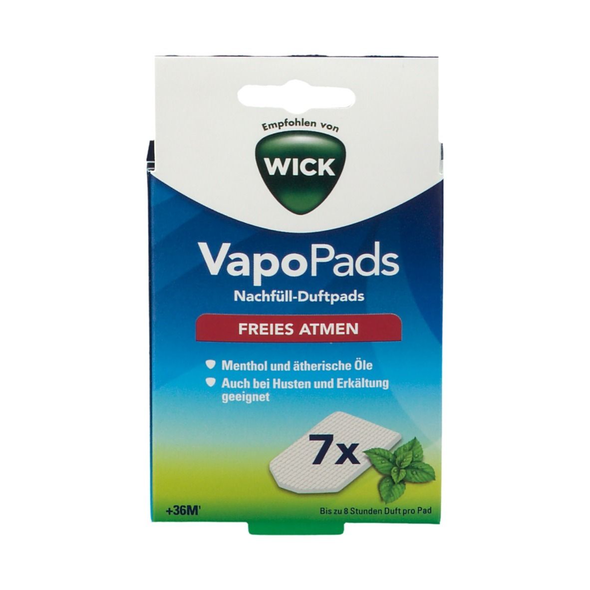 Boîte de VapoPads WICK. Contient 7 recharges. Inscription : Respiration facile. Avec menthol et huiles essentielles.