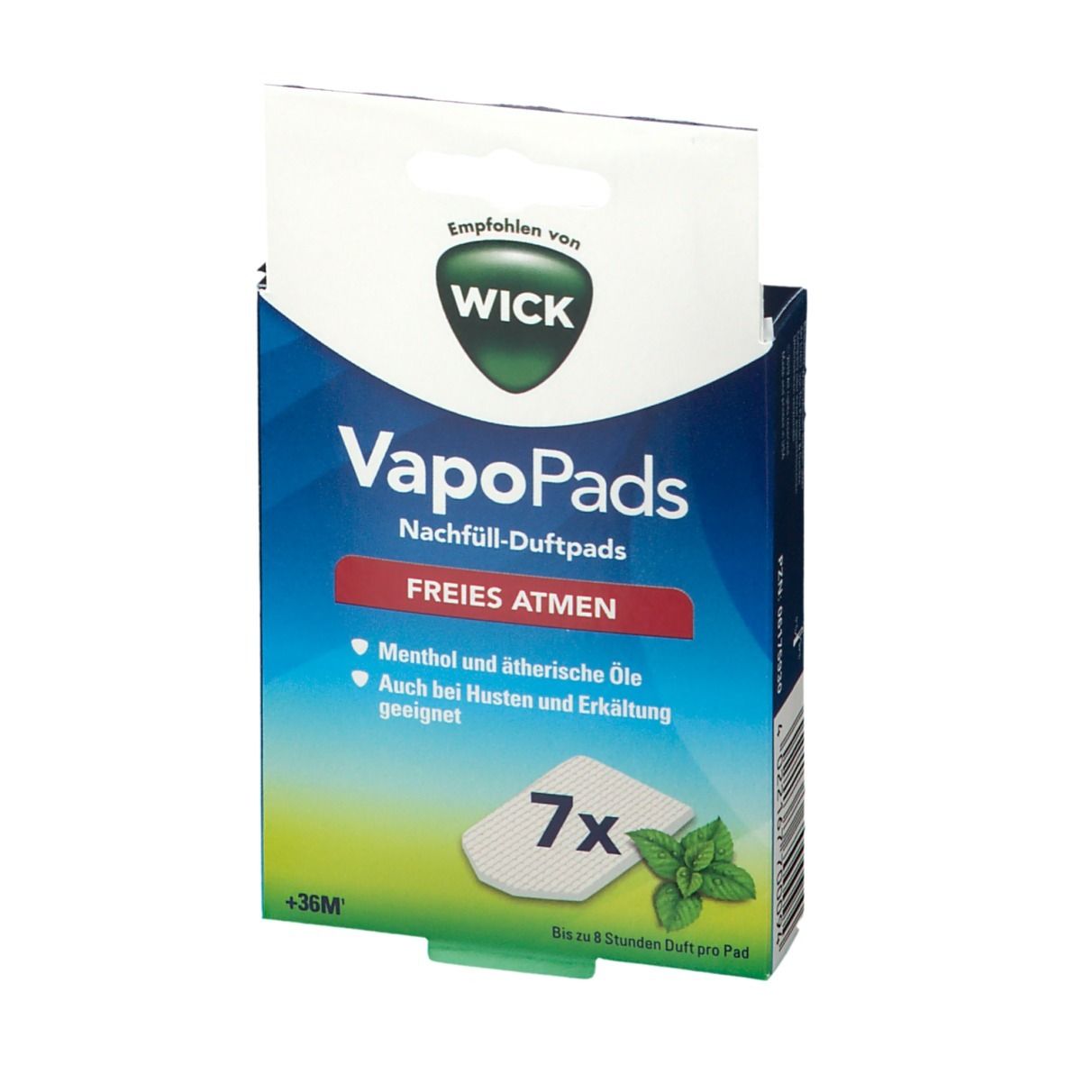Boîte de VapoPads WICK. Contient 7 recharges. Inscription : Respiration facile. Avec menthol et huiles essentielles.