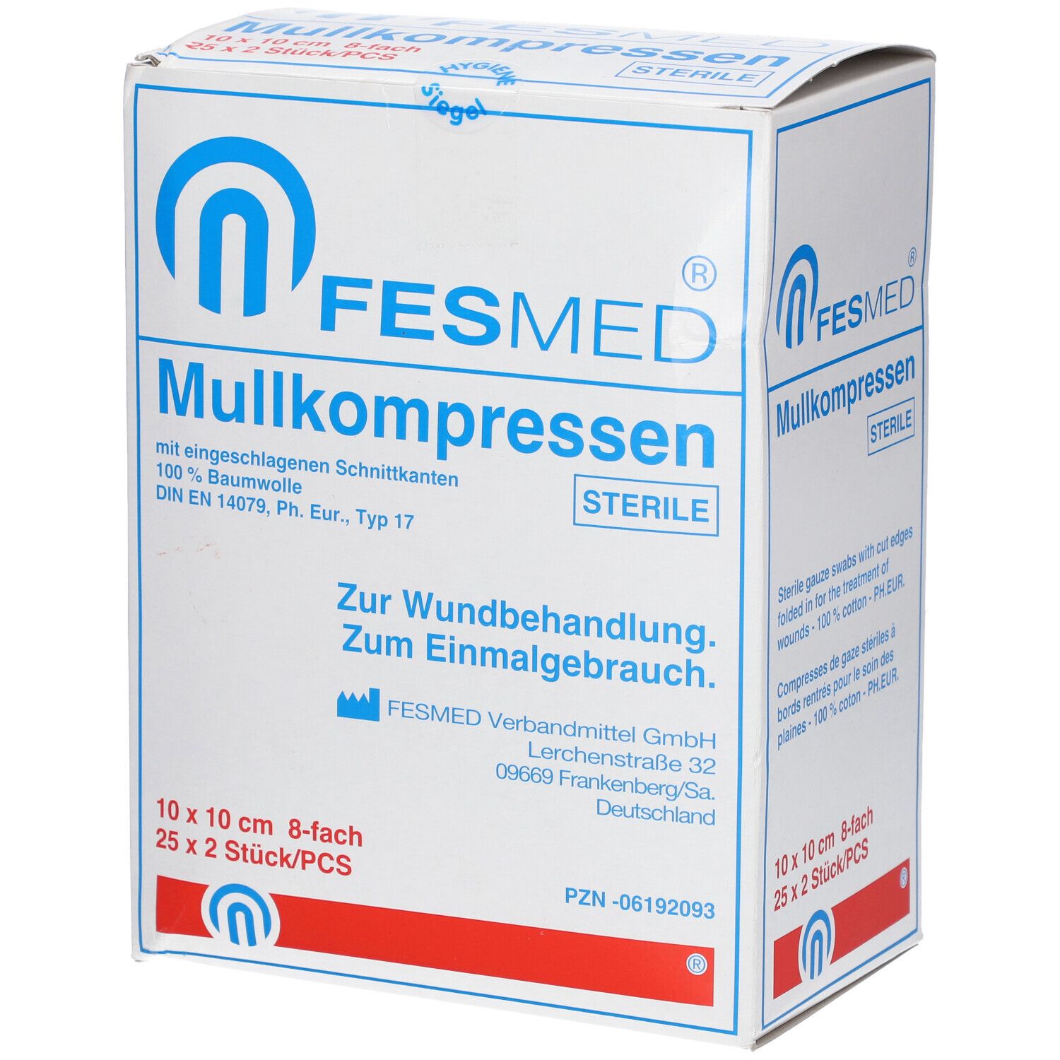 Boîte FESMED Mullkompressen. Boîte blanche avec texte bleu et rouge. Contient des compresses de gaze stériles 10 x 10 cm, 8 plis.