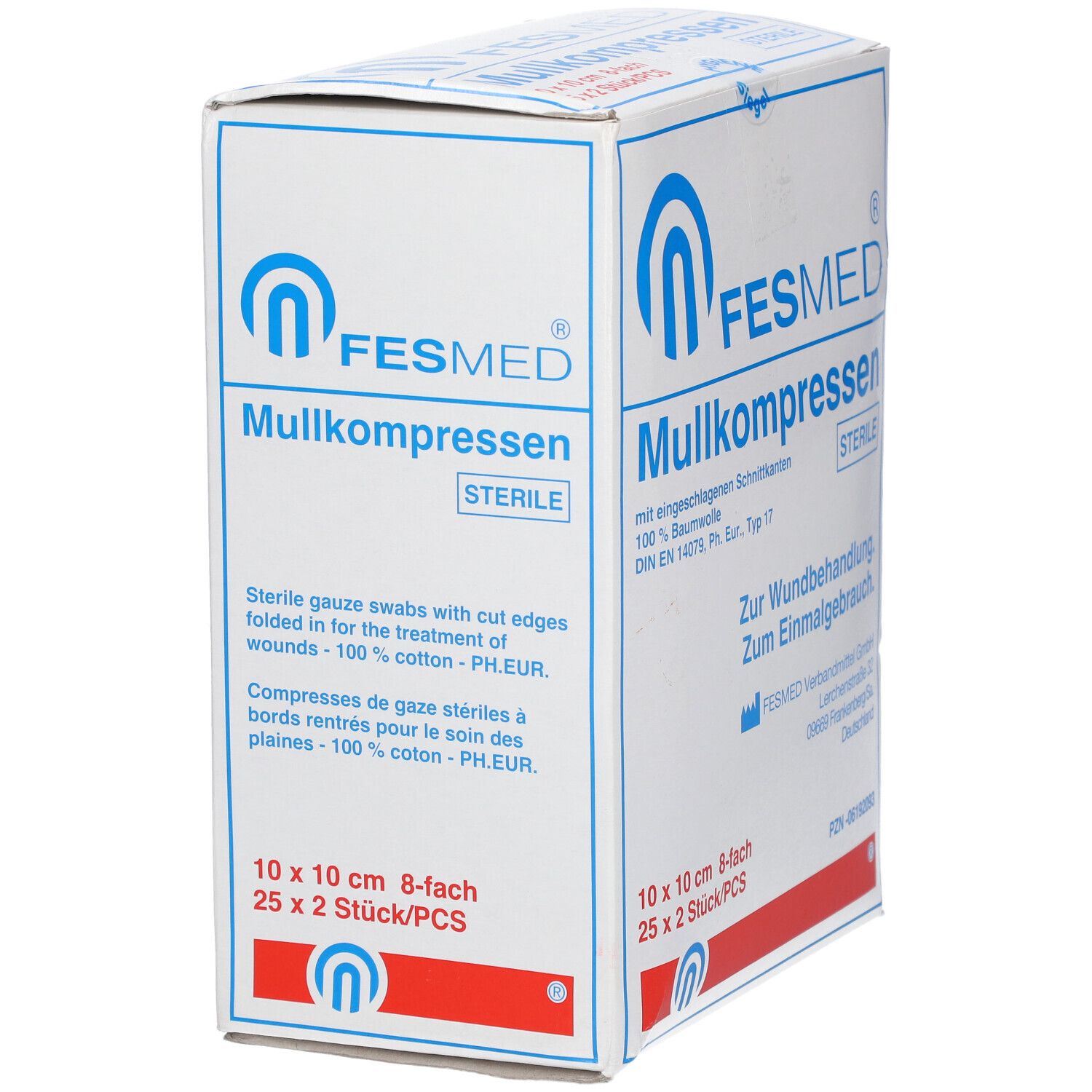 Boîte FESMED Mullkompressen. Boîte blanche avec texte bleu et rouge. Contient des compresses de gaze stériles 10 x 10 cm, 8 plis.