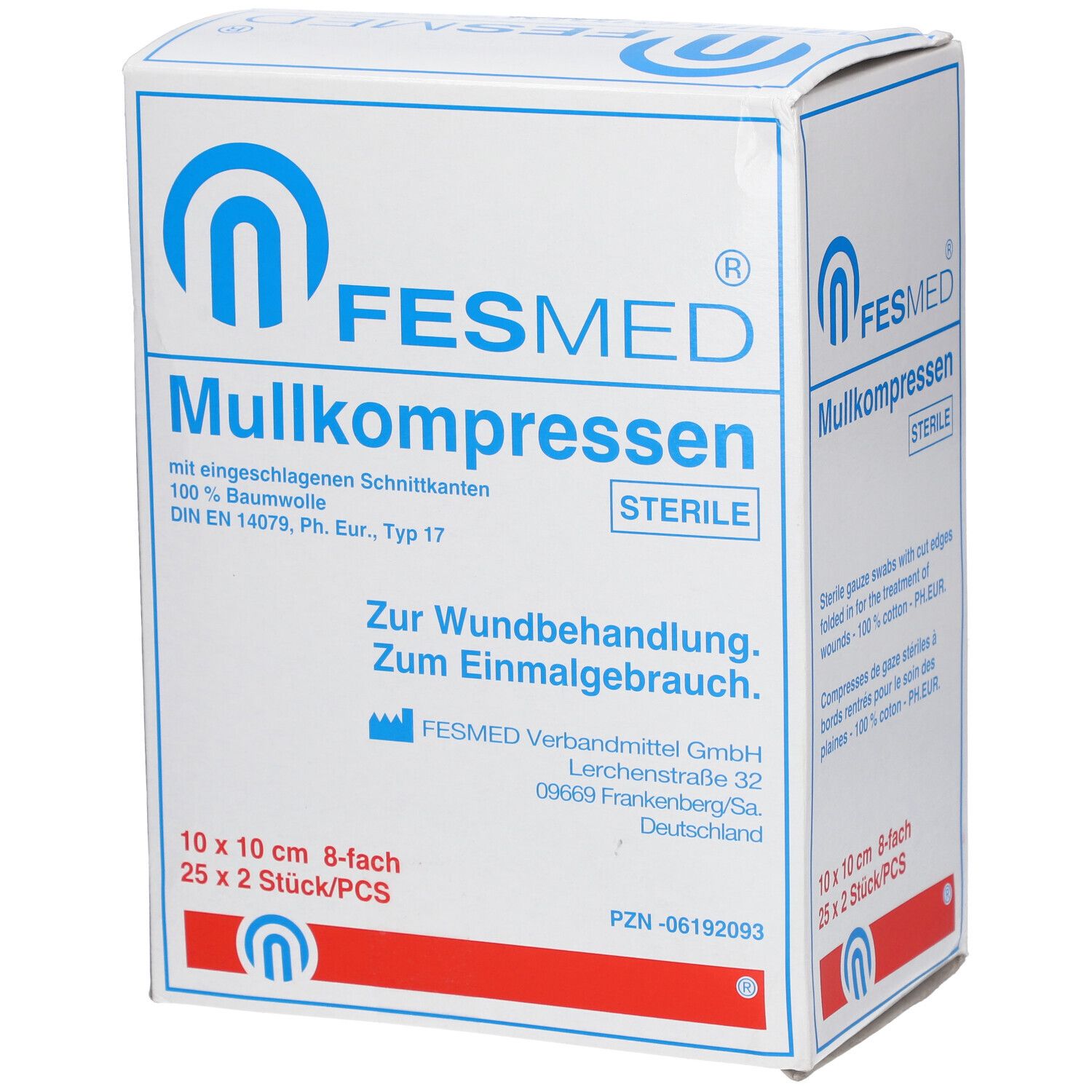 Boîte FESMED Mullkompressen. Boîte blanche avec texte bleu et rouge. Contient des compresses de gaze stériles 10 x 10 cm, 8 plis.