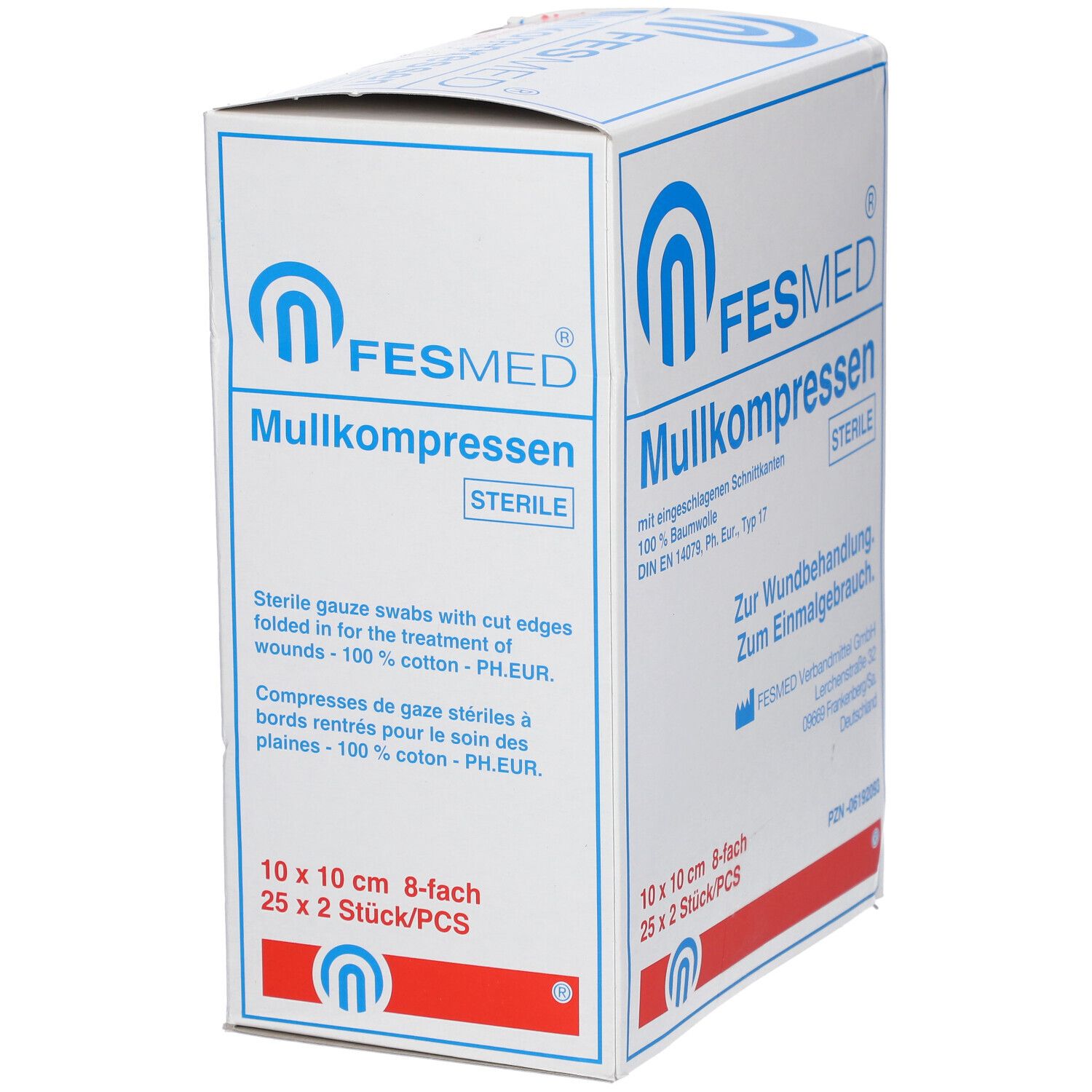 Boîte FESMED Mullkompressen. Boîte blanche avec texte bleu et rouge. Contient des compresses de gaze stériles 10 x 10 cm, 8 plis.