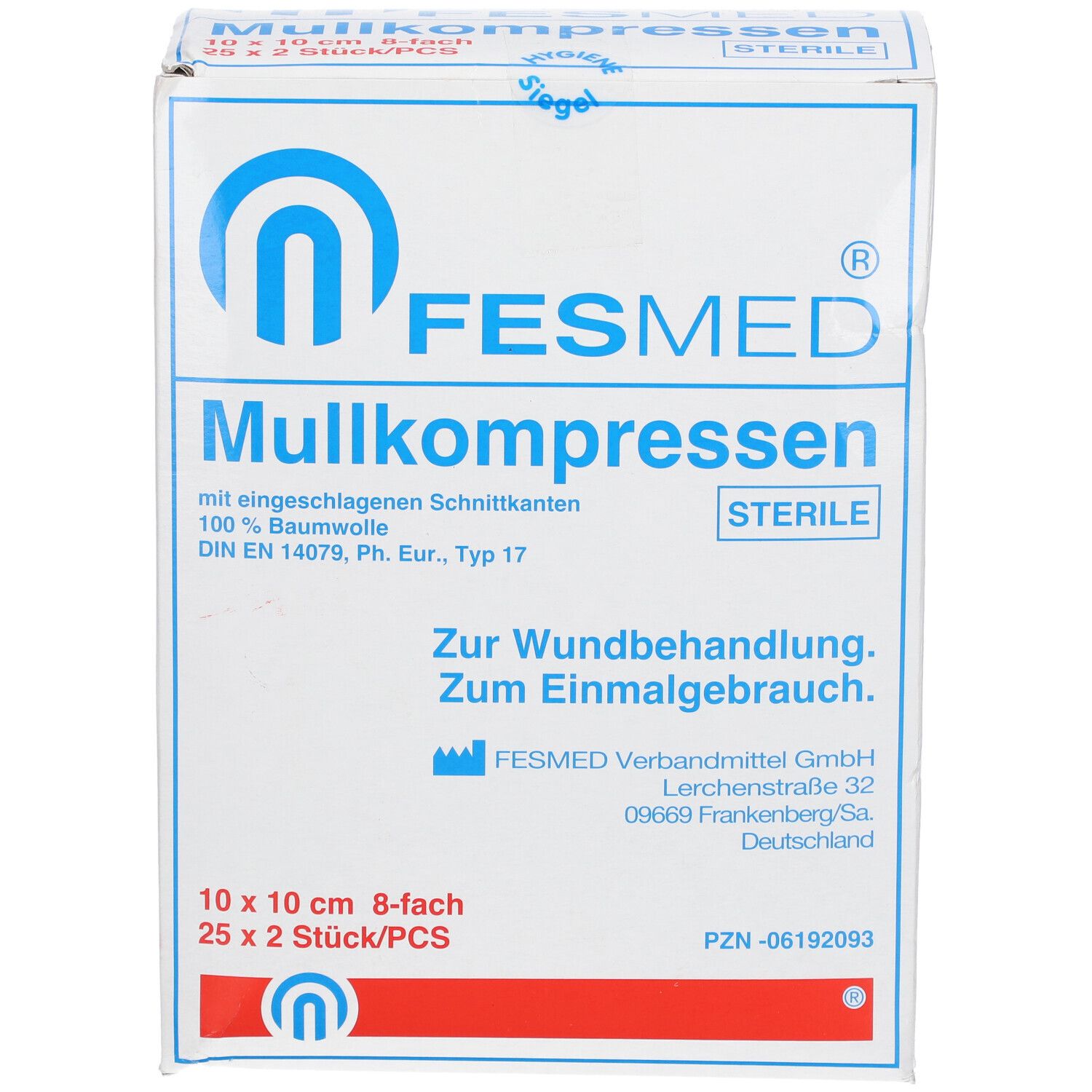 Boîte FESMED Mullkompressen. Boîte blanche avec texte bleu et rouge. Contient des compresses de gaze stériles 10 x 10 cm, 8 plis.