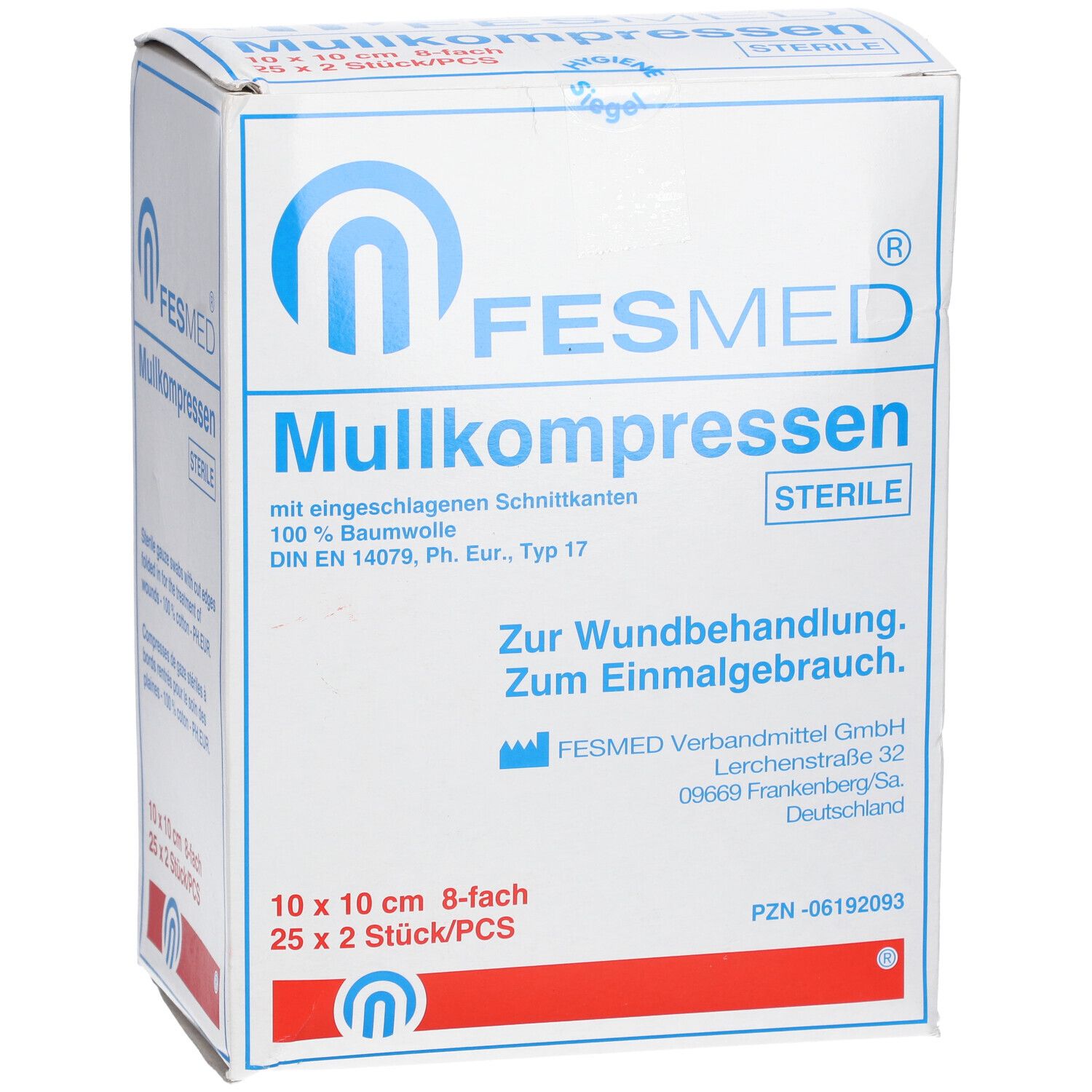 Boîte FESMED Mullkompressen. Boîte blanche avec texte bleu et rouge. Contient des compresses de gaze stériles 10 x 10 cm, 8 plis.