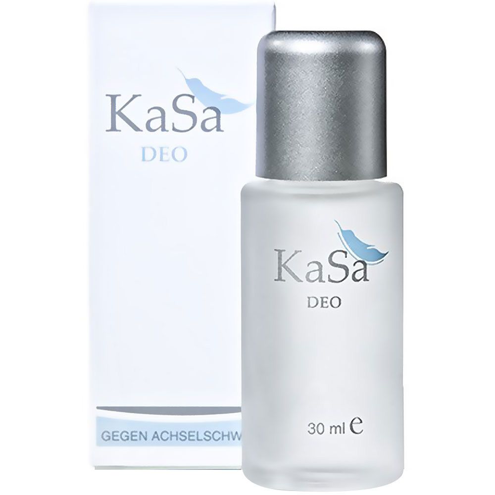 Deo-roller en verpakking. Opschrift: KaSa Deo. Glazen fles, zilverkleurige dop. Witte verpakking.