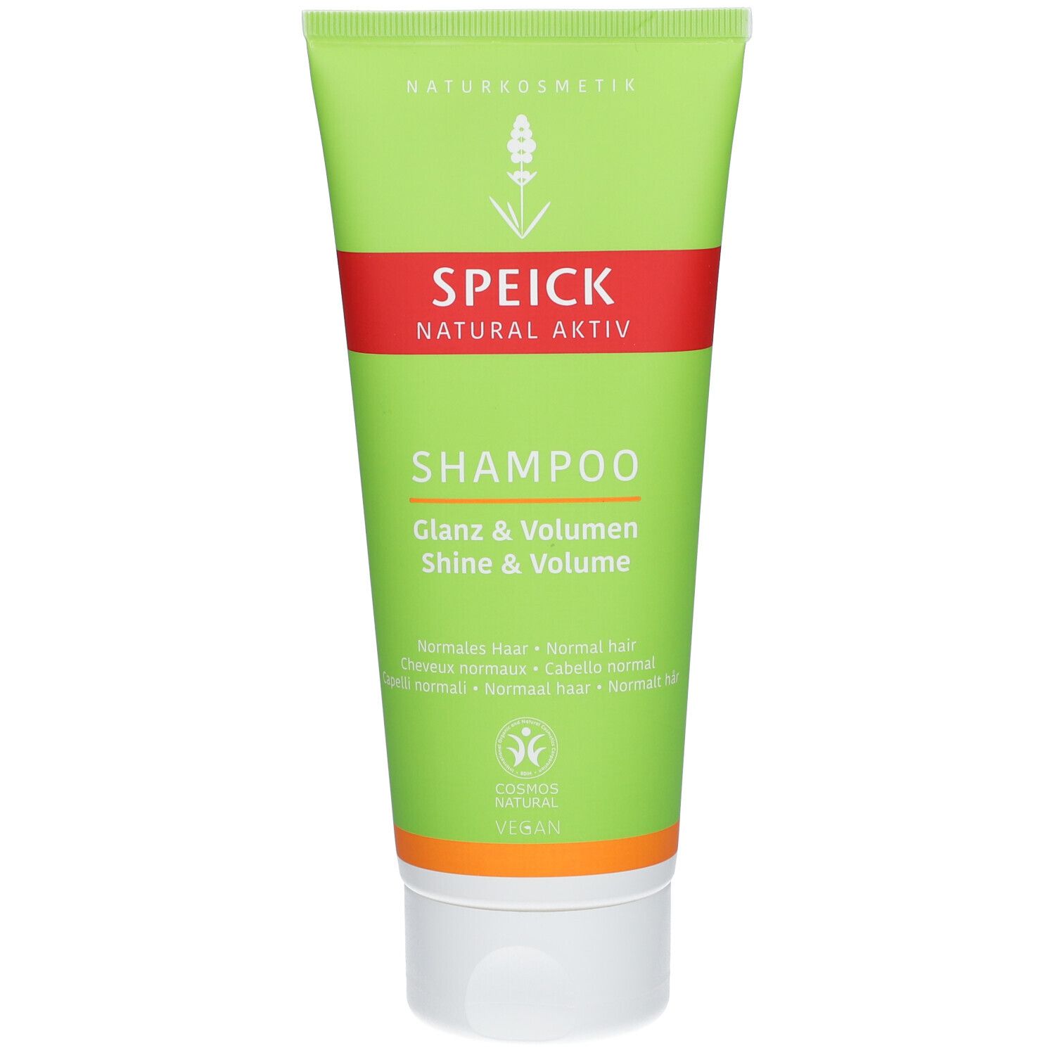 Groene tube met rode streep en tekst. Bevat Shampoo Glans & Volume. Natuurlijke cosmetica.