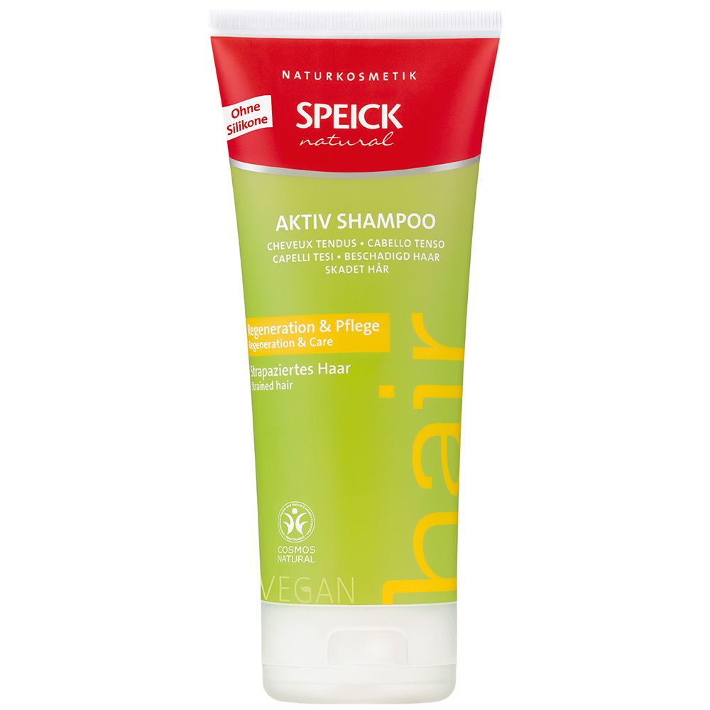 Groene tube met rode dop. Tekst: SPEICK natural, AKTIV SHAMPOO, Regeneration & Pflege. Vegan-keurmerk.