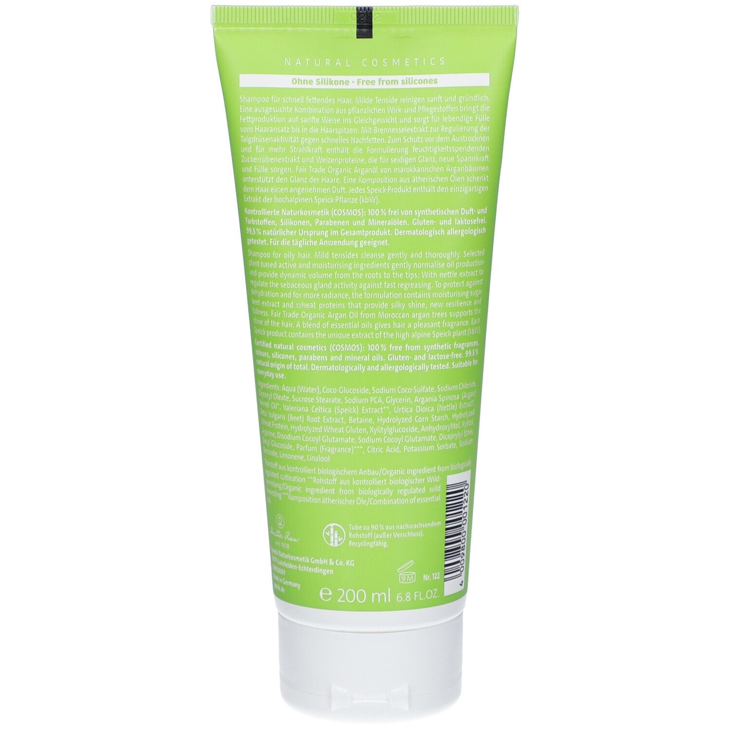 Groene tube met witte dop, 200 ml inhoud, met tekst en zegels.
