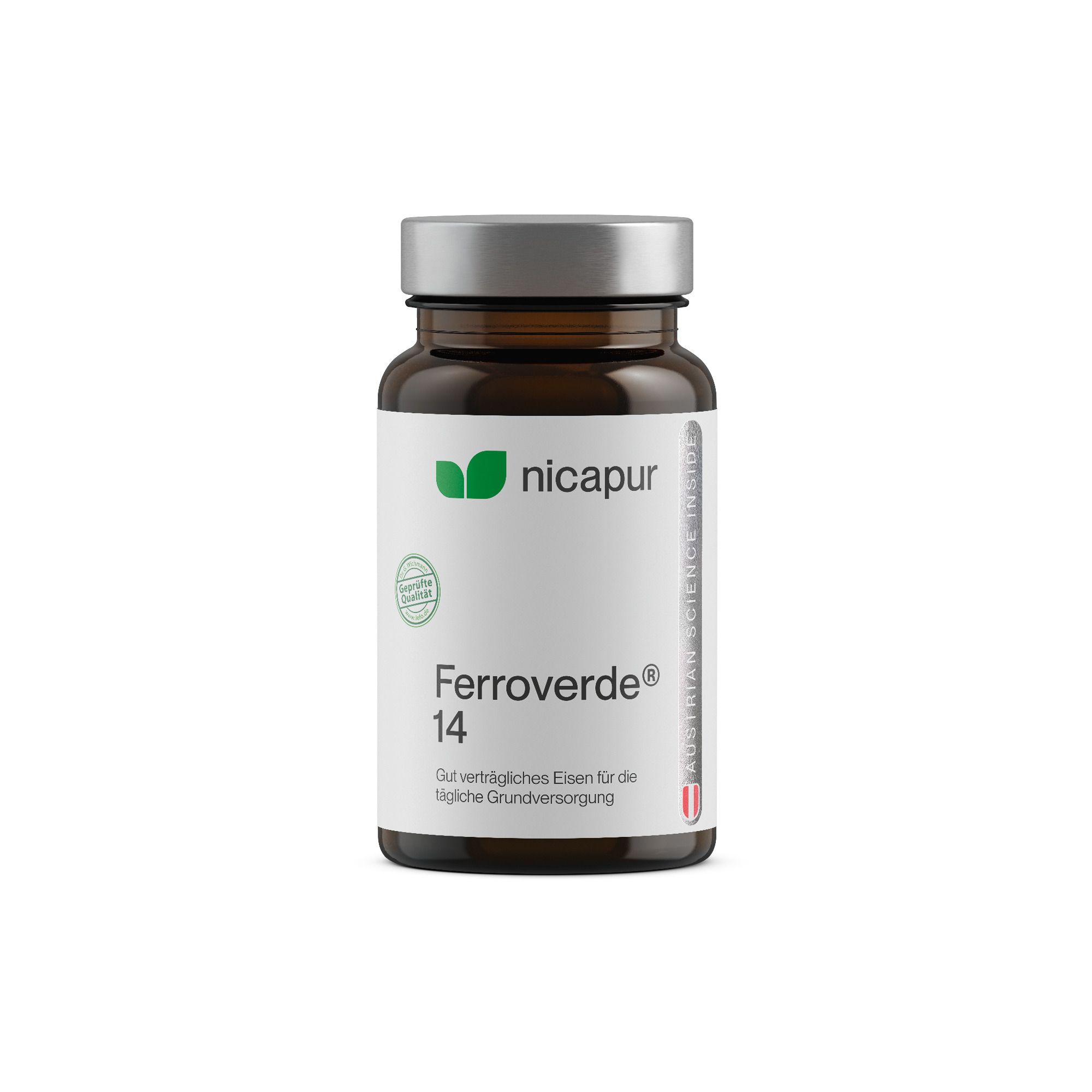 Bruine capsules in een bruine fles met zilveren dop. Opschrift: Ferroverde® 14, NICApur.