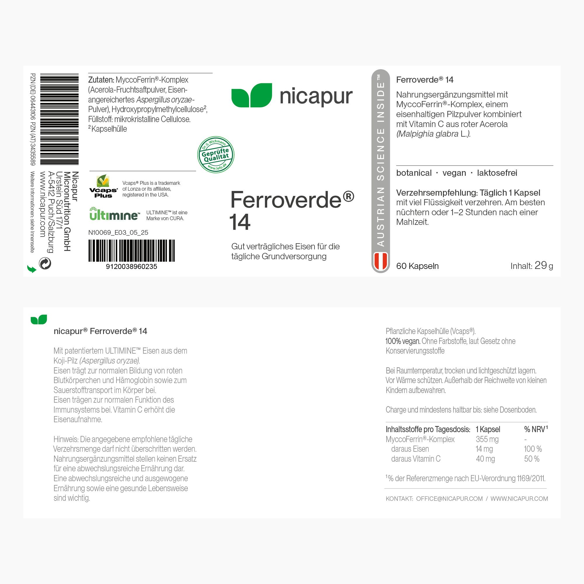 Bruine capsules liggen naast een geopende fles. Opschrift: NICApur.