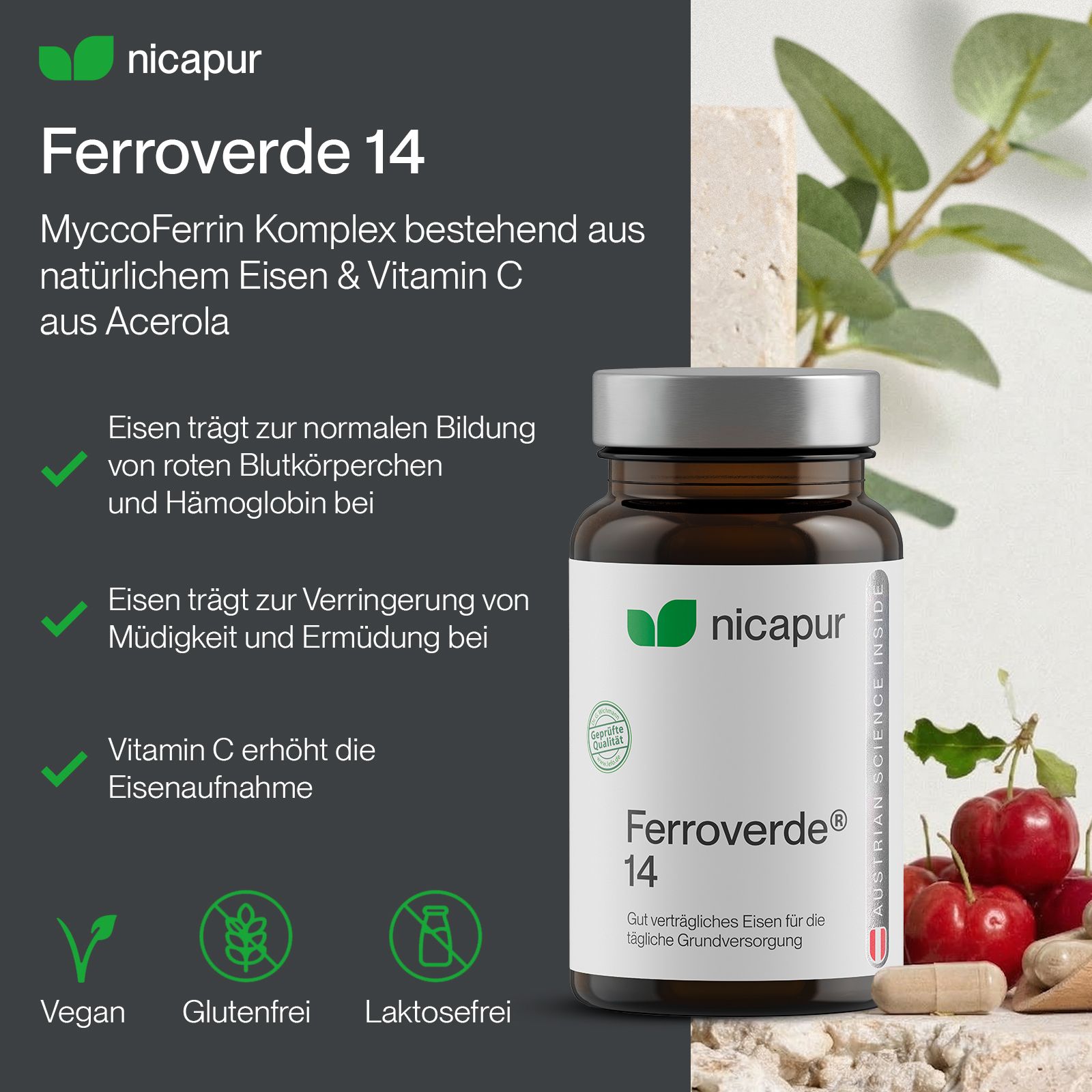 Flesje NicaPur Ferroverde 14 met ijzer en vitamine C, vegan, glutenvrij, lactosevrij.